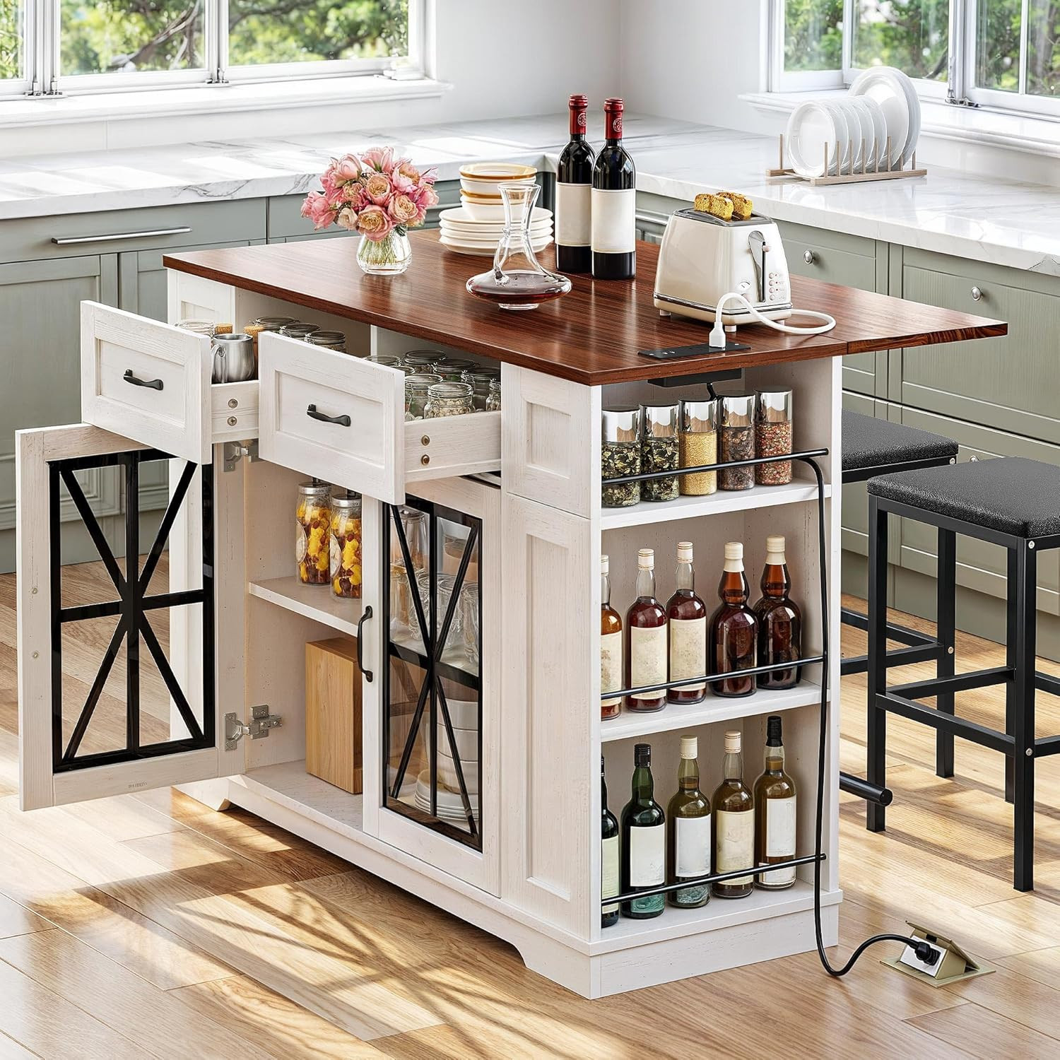Walnut Kitchen Island Cart with Drop Leaf, Stools & Power Outlet - 3 PCS Set