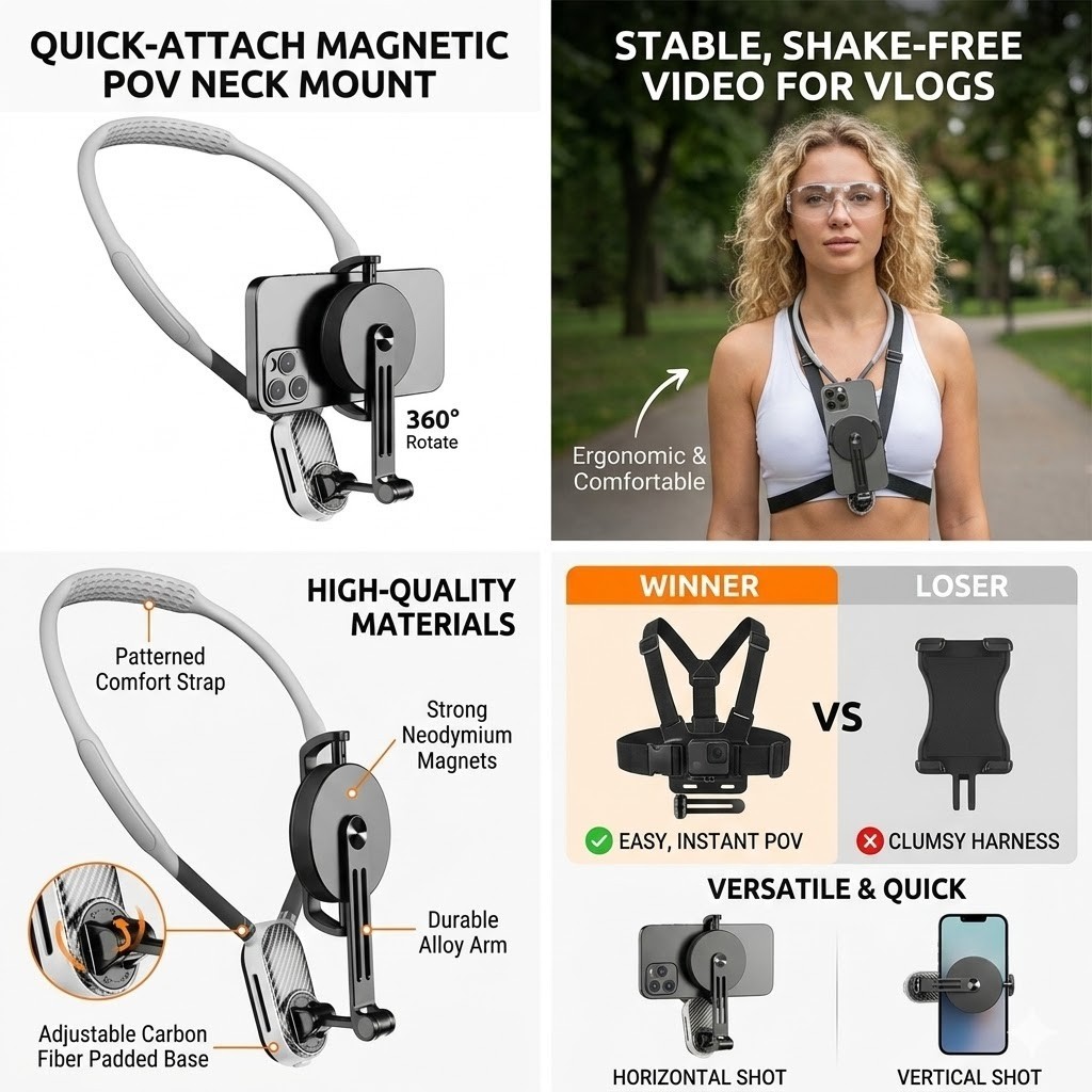 Magnetic Neck Phone Holder| Hands-Free Shockproof for Walking, Vlogging stable