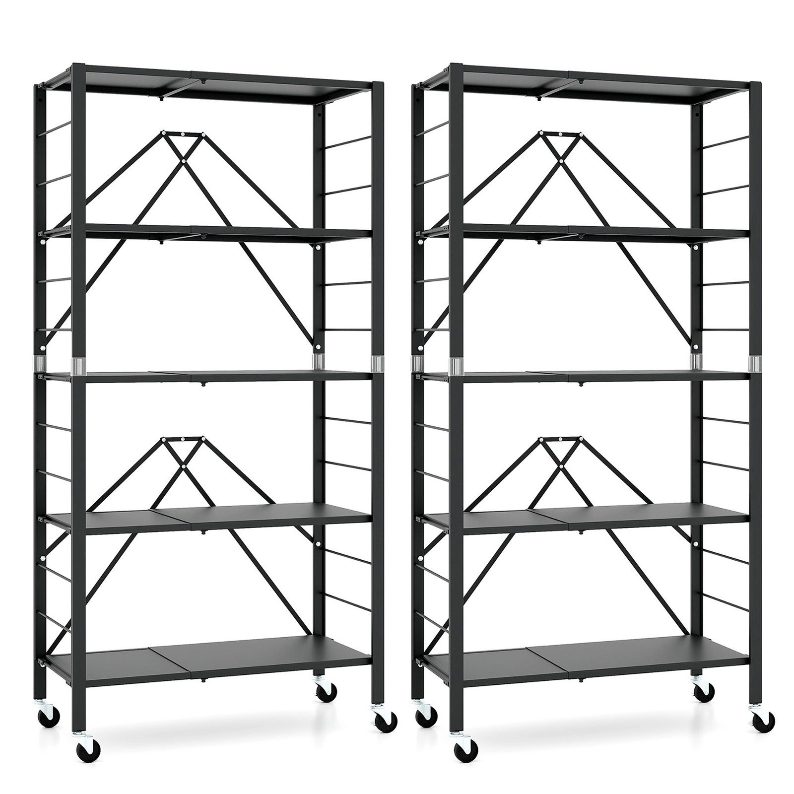 2PCS Foldable Storage Shelf w/ Wheels Adjustable Shelves Metal Shelving Unit