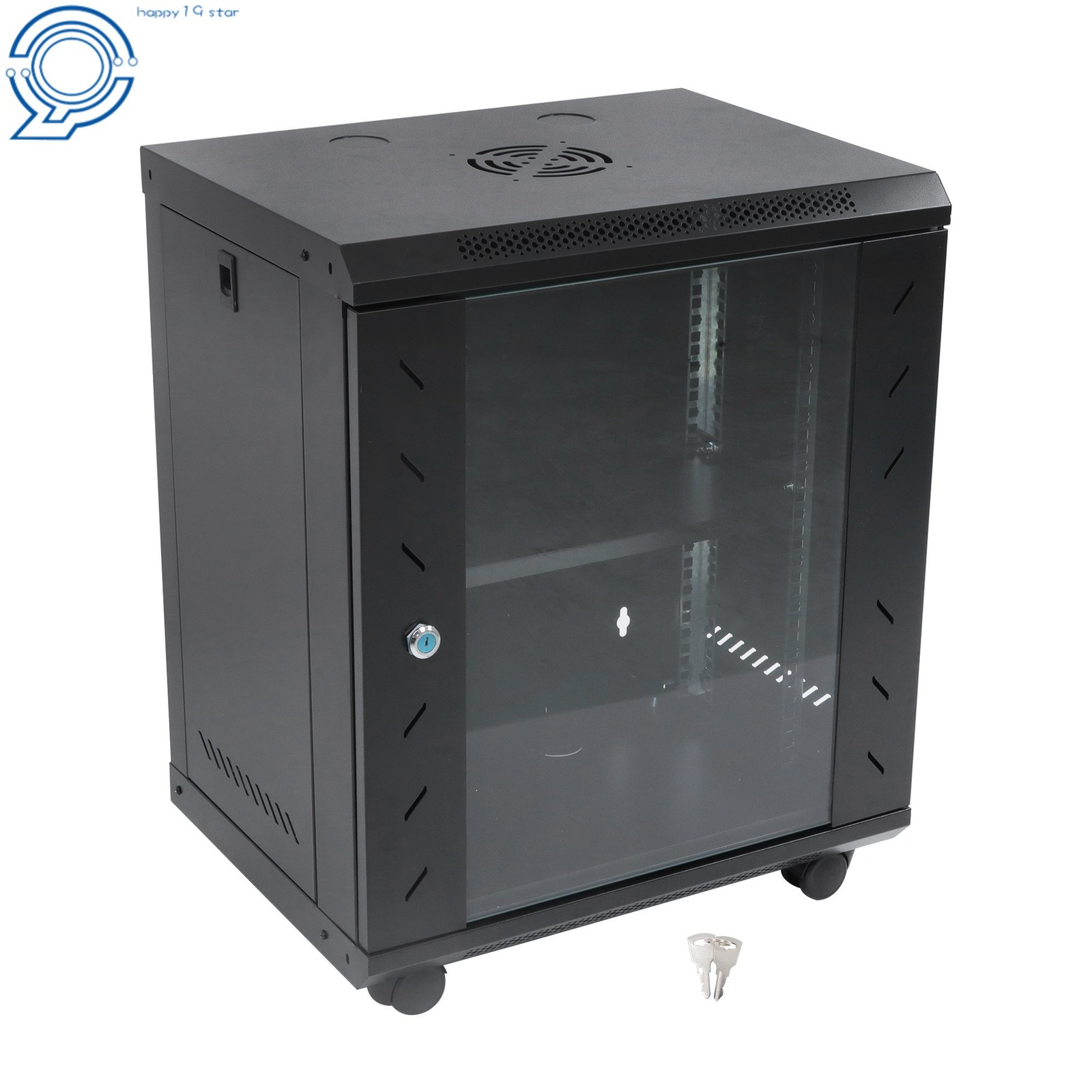 Enclosed Server Rack 12U 15.5" Deep, Secure Lock Glass Front & Sides
