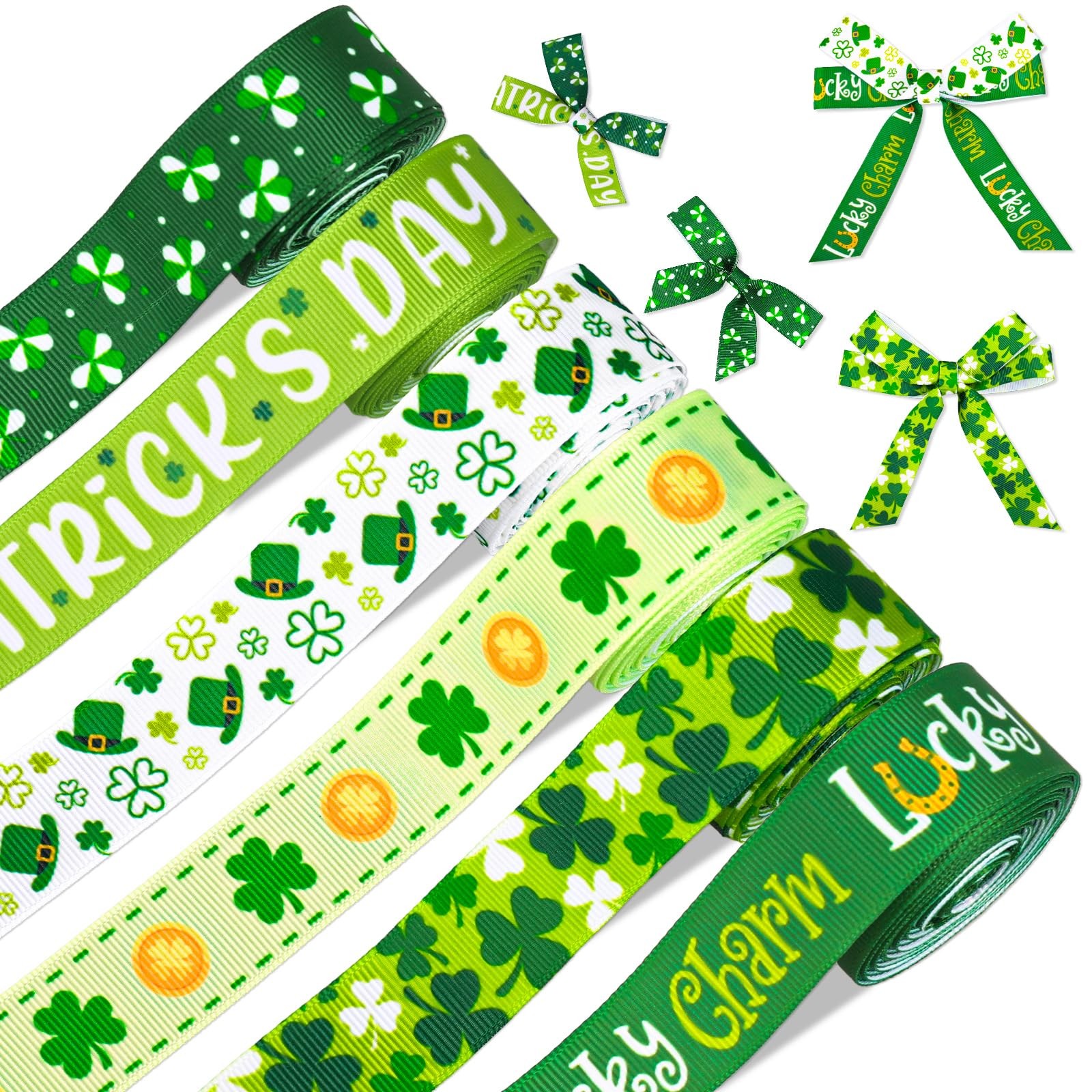 6 Rolls St. Patrick's Day Grosgrain Ribbons 30 Yards Green Shamrock Clover Lucky