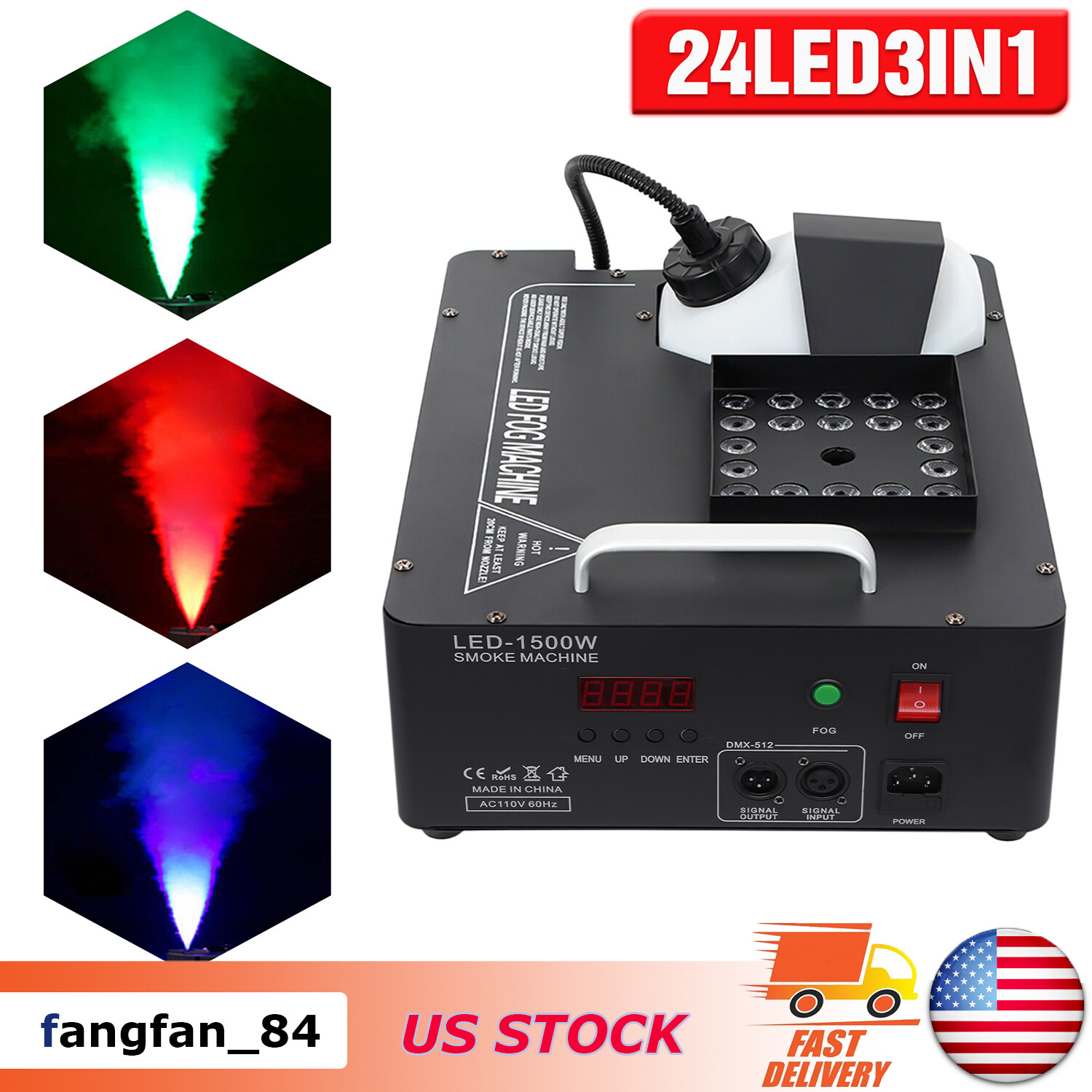 Smoke Fog Machine DMX DJ Party Vertical Spray Fog Stage Light RGB 24 LED Light