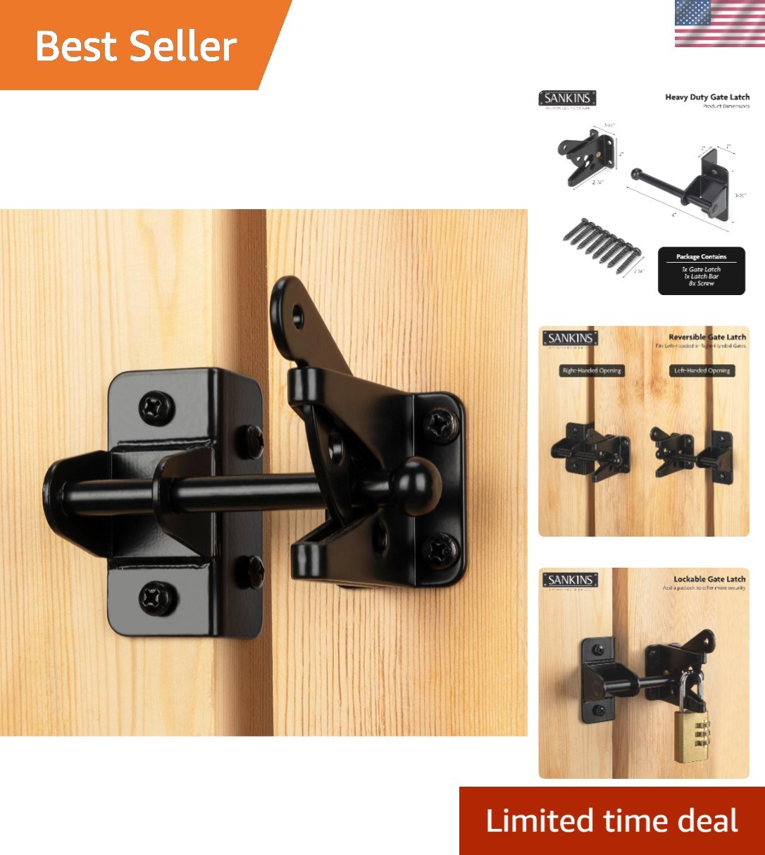 Robust Self-Locking Gate Latch for Wooden Gates - Versatile Installation, Black