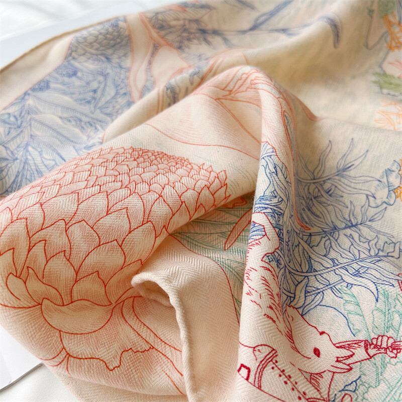 Pure 70% Cashmere 30% Silk Wrap Scarf Garden Flowers Double Face Print Shawl 53"