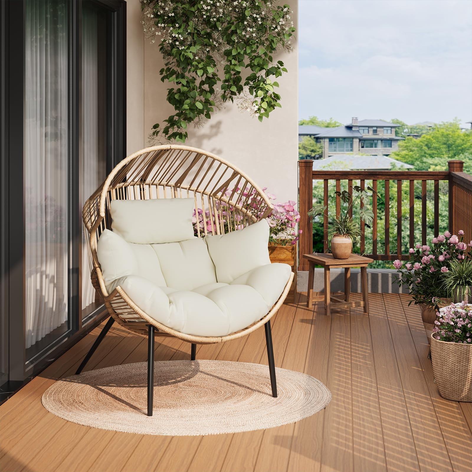 Oversized Egg Basket Chair Wicker, Indoor Outdoor Rattan Lounger with Cushion