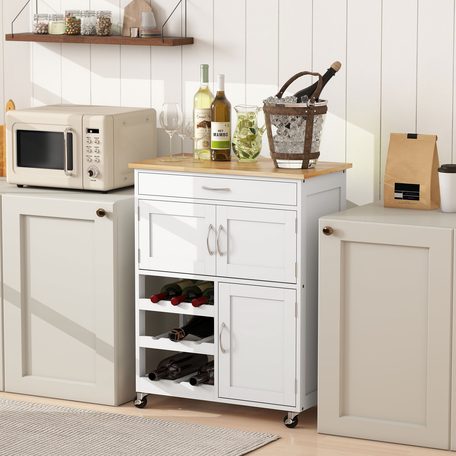 Bar Cart Rolling Kitchen Island on Wheels with Wine Rack