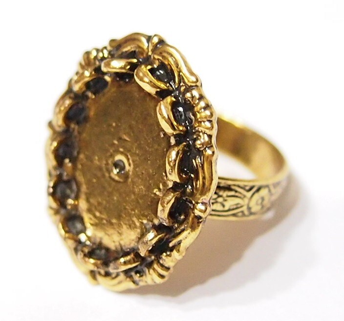 6 of 18x13mm Antique Gold Victorian Deco Angel Wings Adjustable Ring Settings
