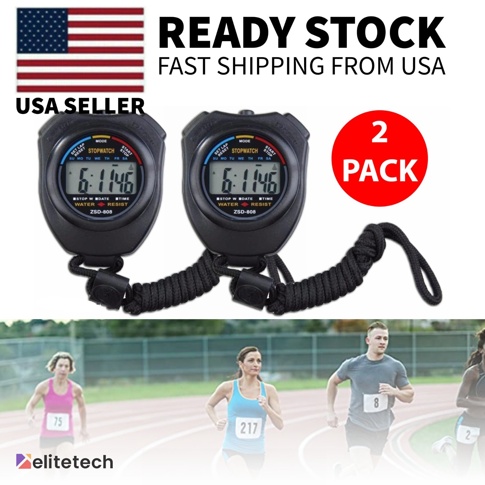 2PCS SET Digital Stopwatch Sports Counter Chronograph Date Timer Odometer Watch