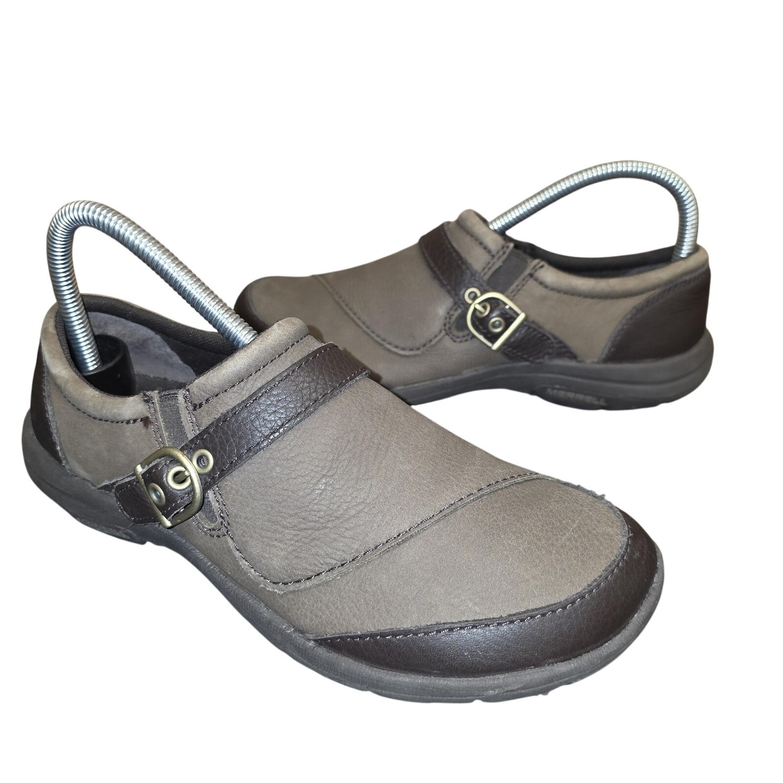Merrell Shoes Womens Size 7.5 Brown Leather Slip On Buckle Comfort Walking