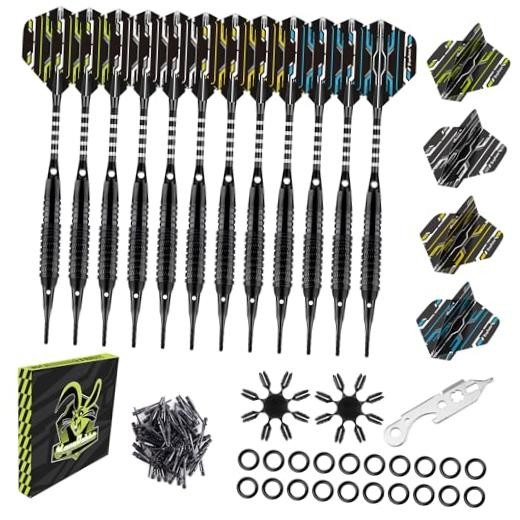 Soft Tip Darts Set 12 Pack, 18g, with 50 Extra Tips, 16 Flights, 20 O All Black