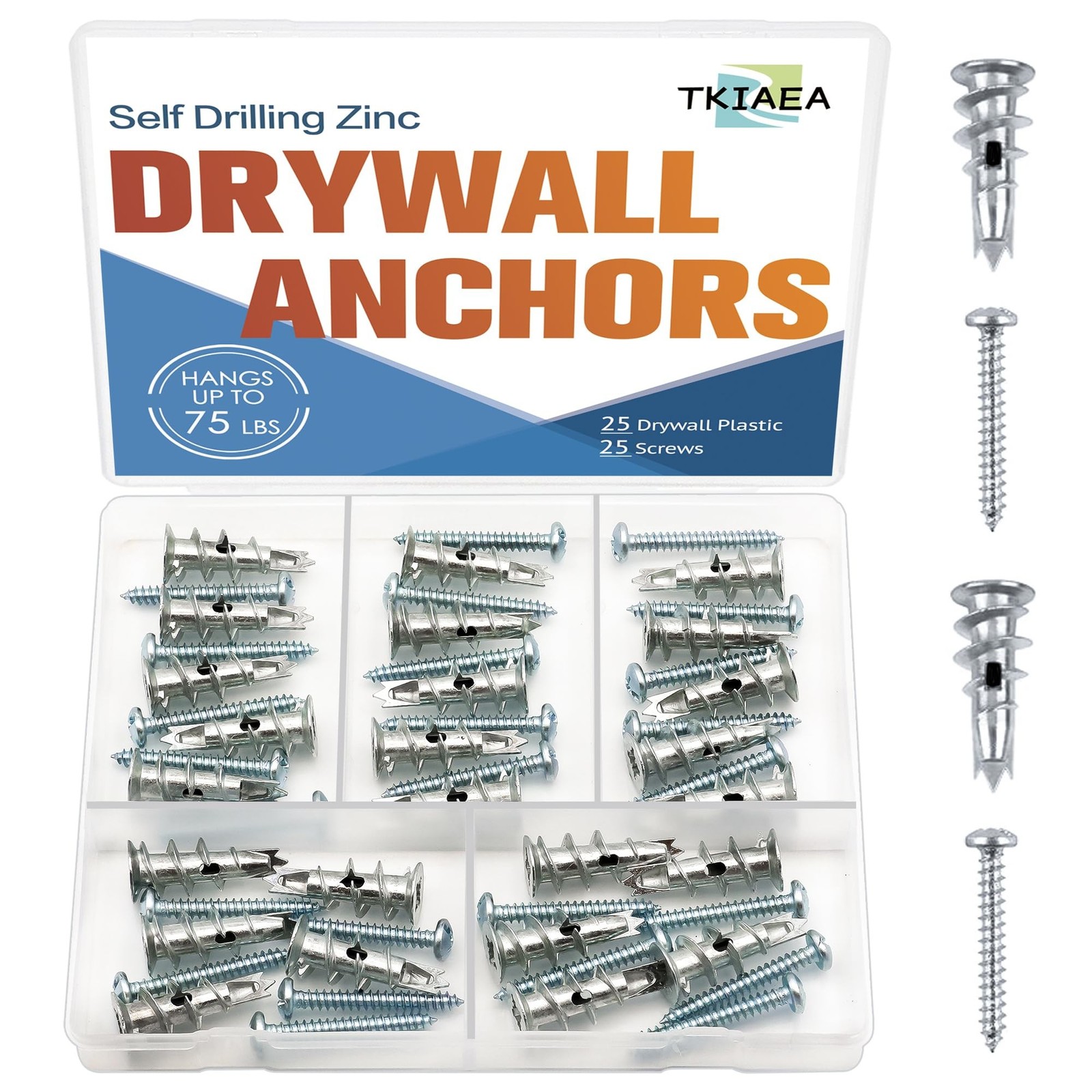 Zinc Self-Drilling Drywall Anchors Kit, 25 Heavy Duty Metal Anchors + 25 #8 x...