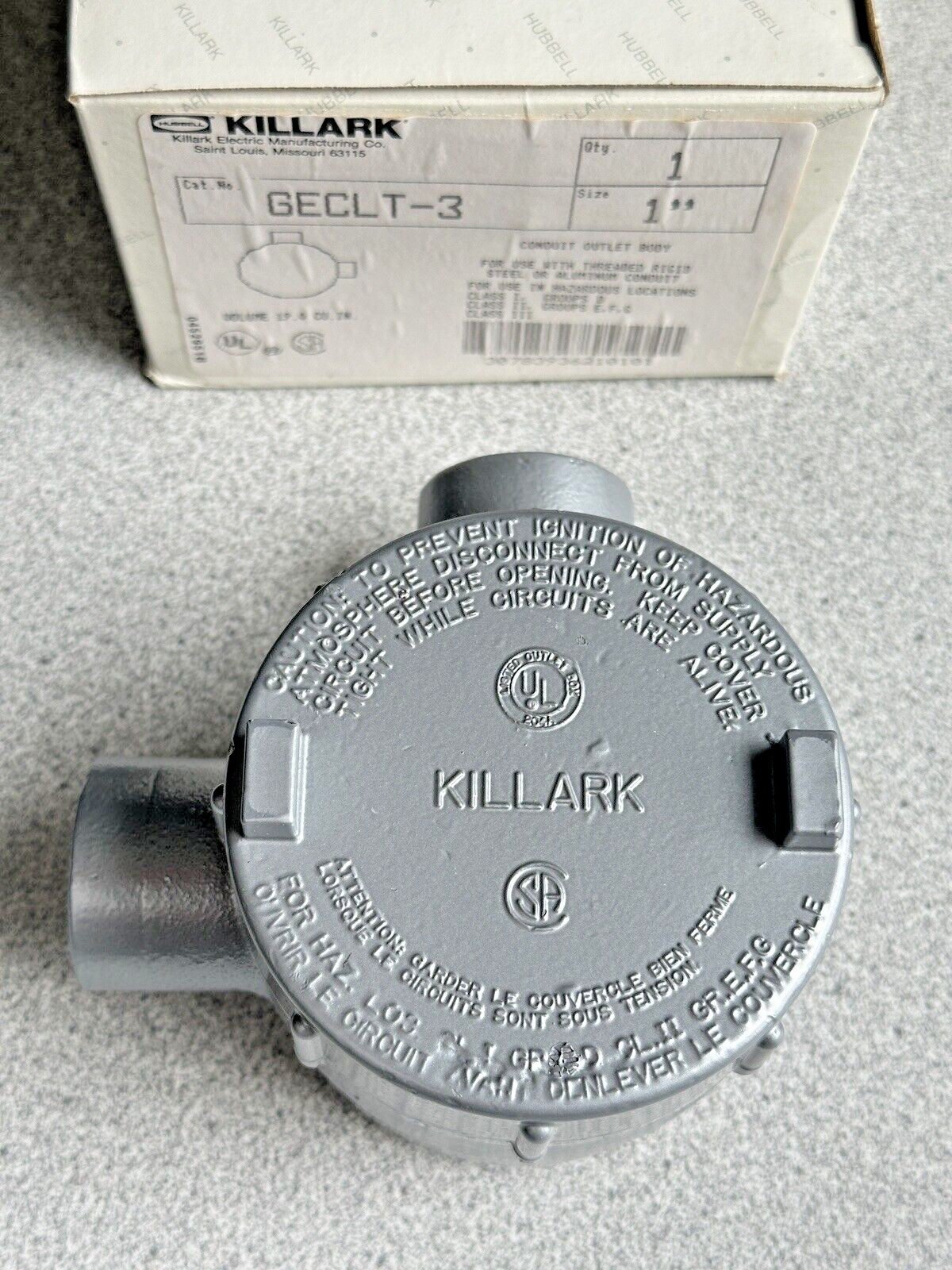 NEW Killark GECLT-3, 1", Aluminum, L-Style, Round, Conduit Outlet Body Haz. Loc.