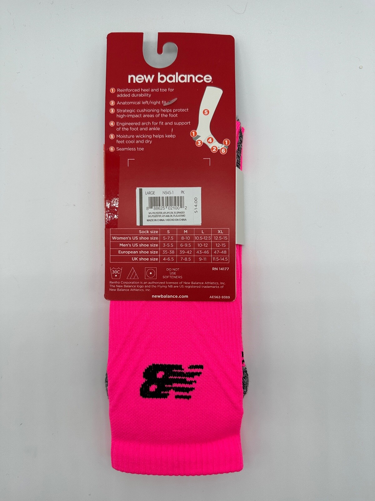 New Balance Running Strategic Crew Socks Anatomical Fit Mens/ Women Large