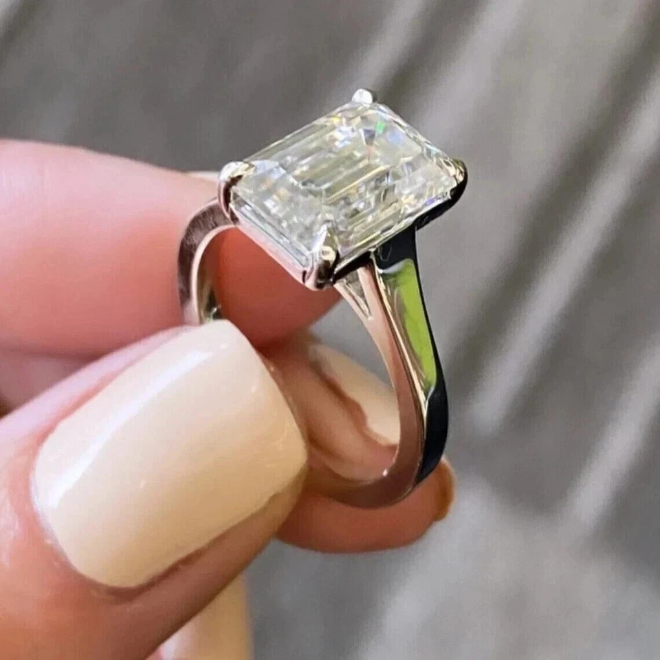 White Moissanite 3.70 Ct Emerald Cut Prong Engagement Ring 925 Sterling Silver