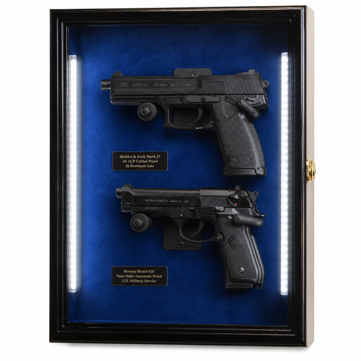 Gun Display Case 2 Guns Black Wood Blue LED Light Pistol Handgun Shadow Box USA