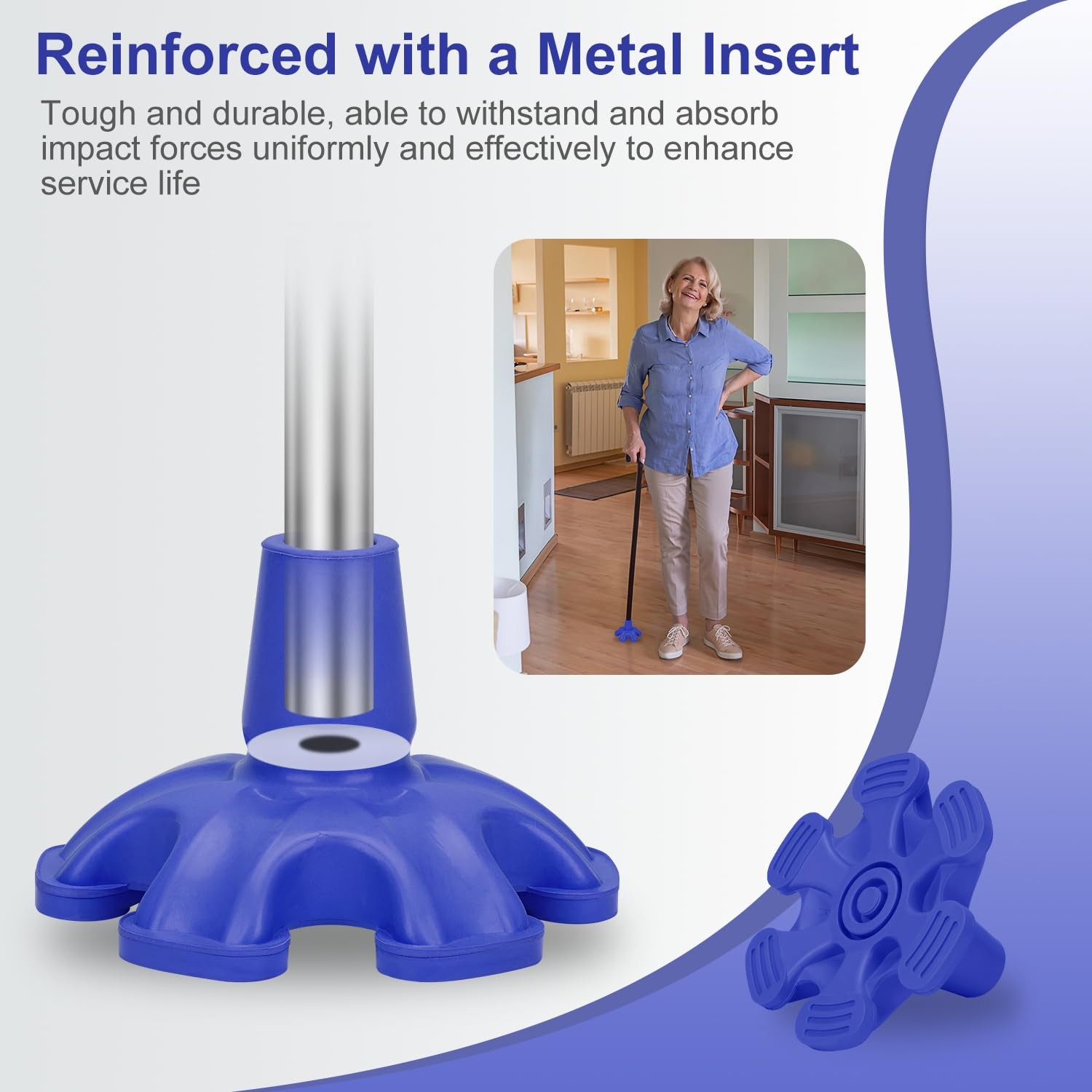 Cane Tip - Self Standing 6 Prong Support Rubber Base for Walking Stick & Cane...