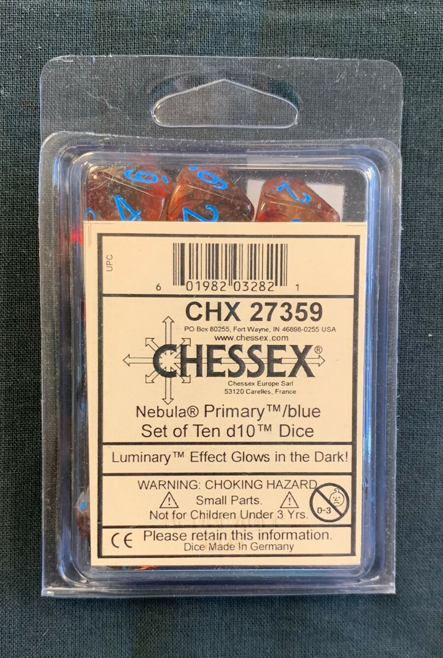 Set of TEN D10s Nebula Dice w/ Luminary Primary with Blue Numbers Chessex 27359