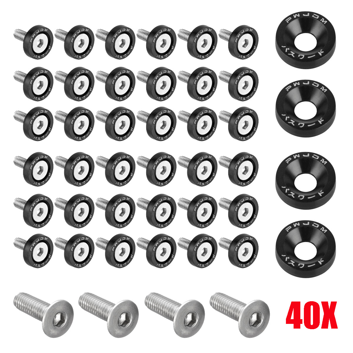 40 x JDM Billet Aluminum Fender Bumper Washer Bolt Engine Bay Dress Up Kit Black