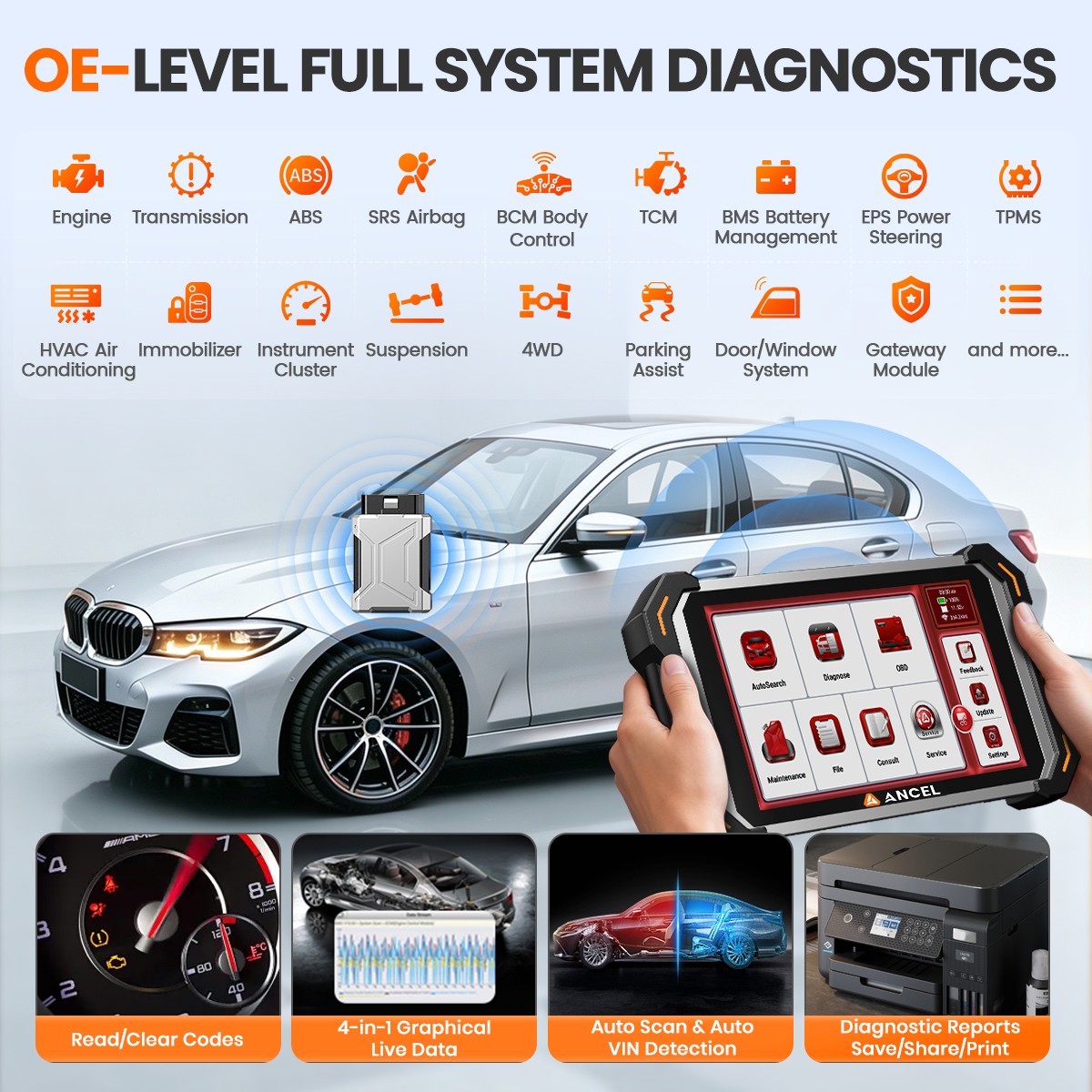 ANCEL DS600BT Car Diagnostic Tool Bidirectional OBD2 Scanner ECU Coding IMMO ABS