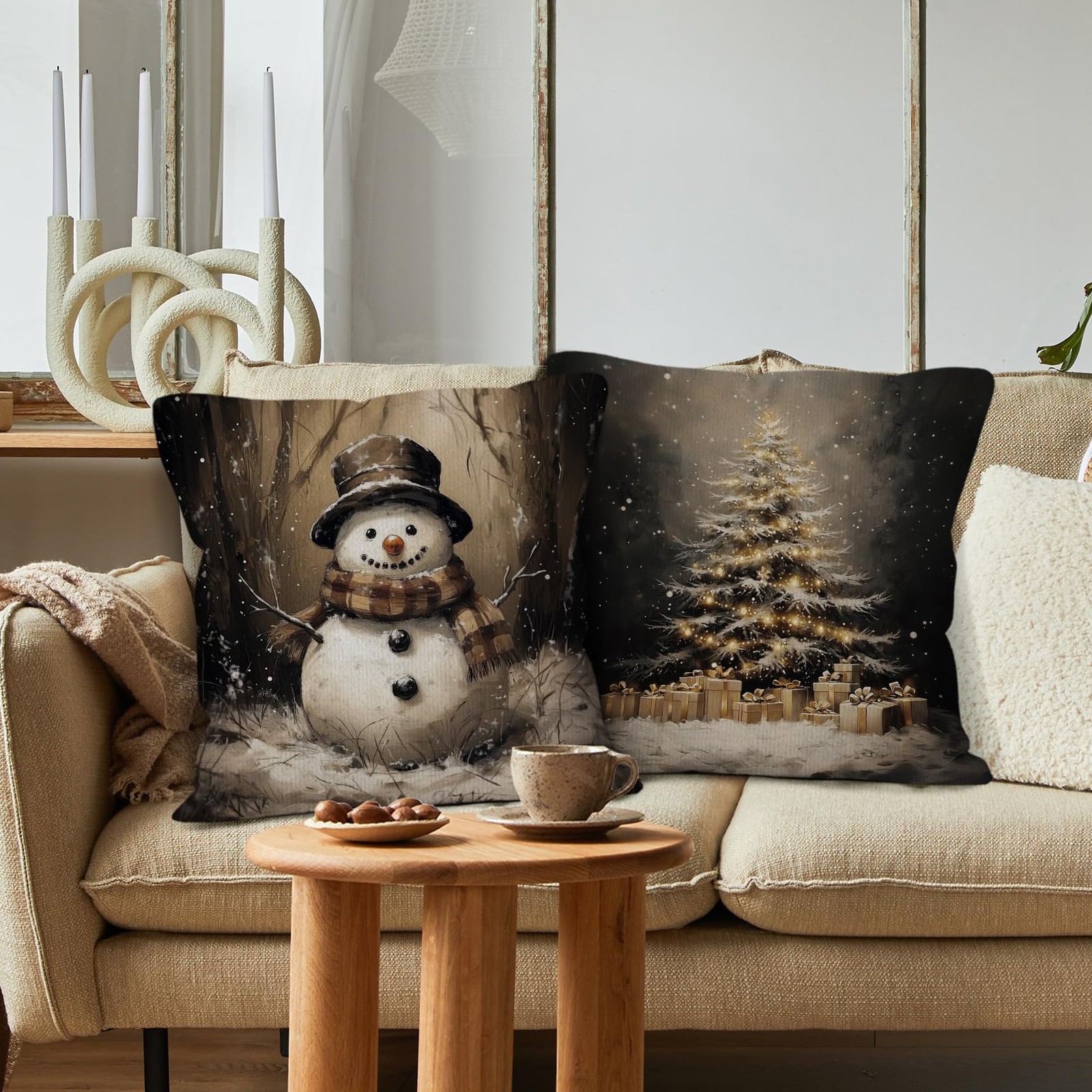 Vintage Christmas Throw Pillow Covers 18x18 Set of 2,Vintage Dark Christmas T...