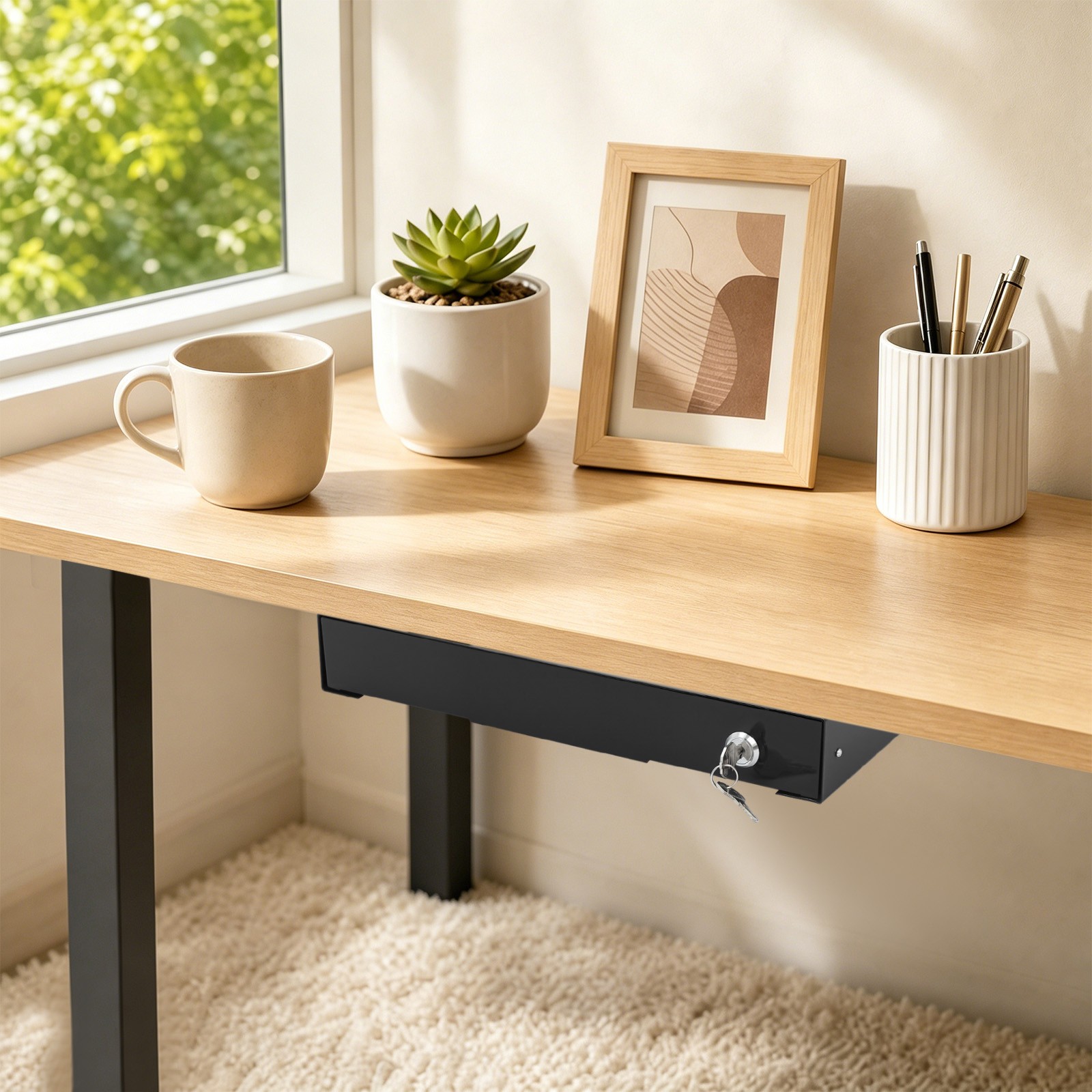 Under Desk Mounted Drawer Storage Sliding Out Tray Black Space Saver With Keys