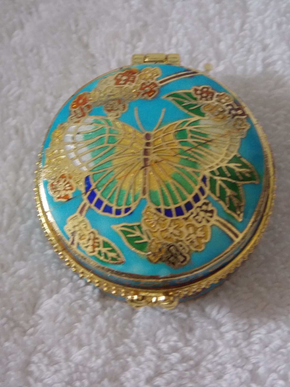 Cloisanne Enamel Butterfly Round Hinged Trinket Box