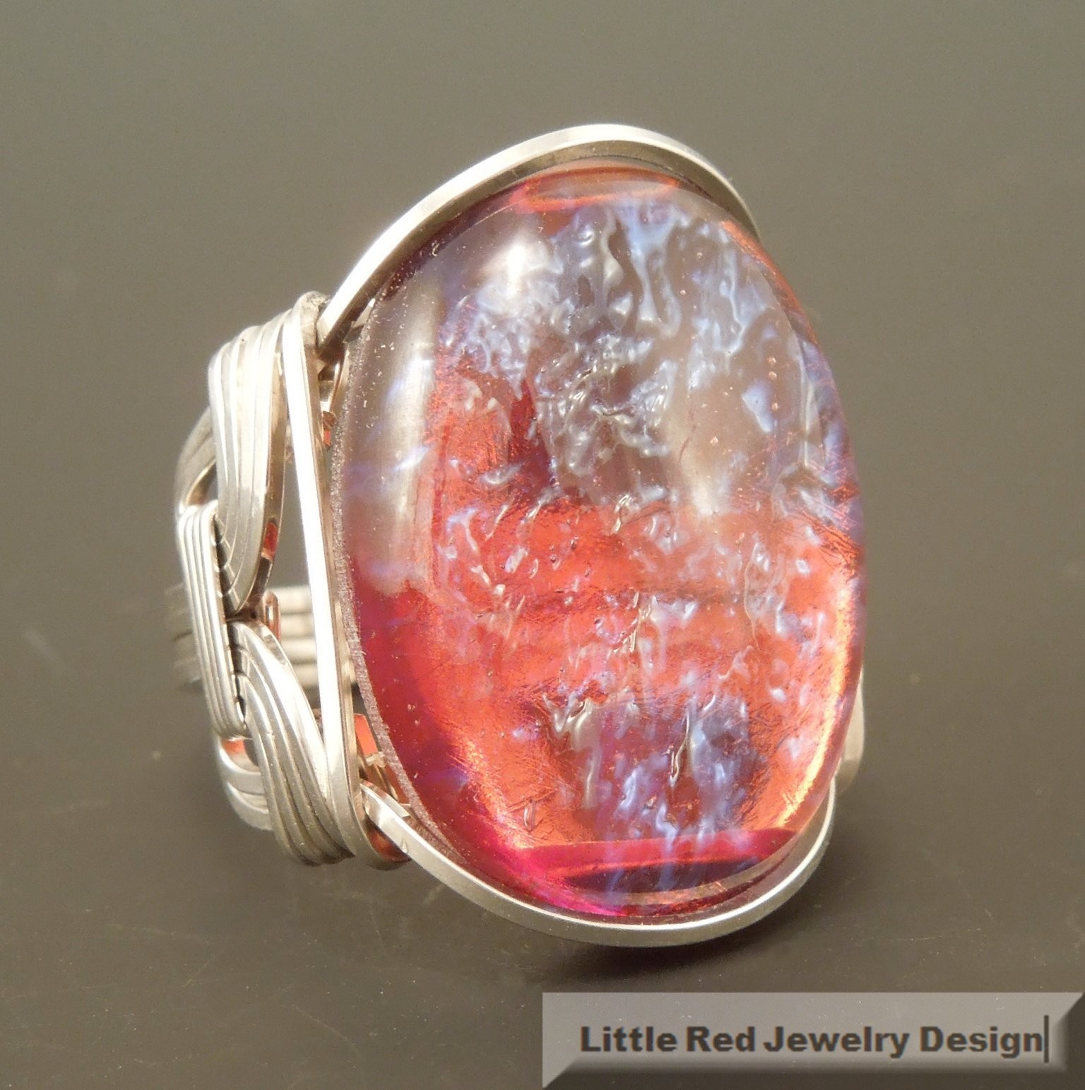 Large Sterling Silver Dragon's Breath Glass Cabochon Wire Wrapped Ring