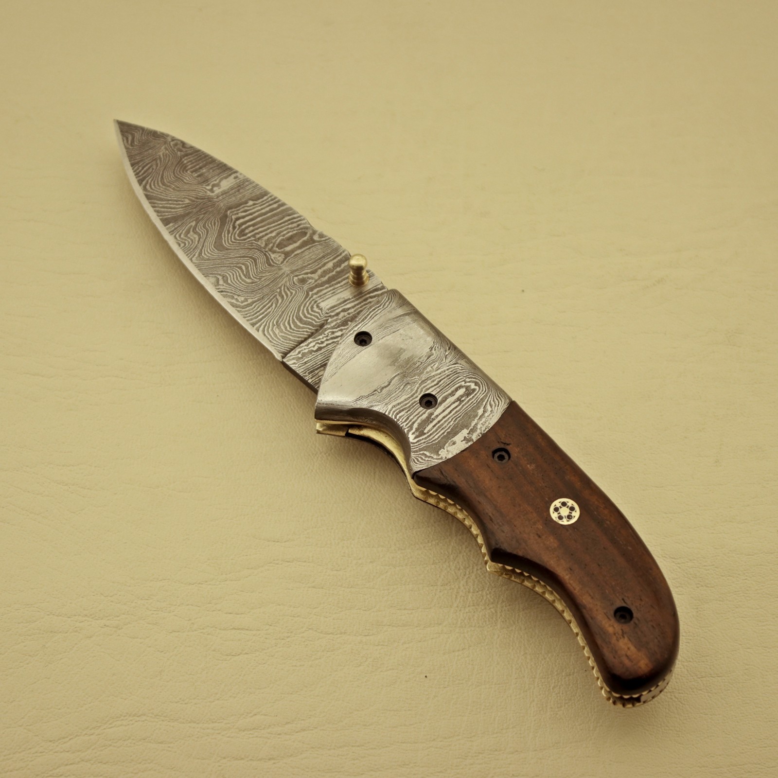 Damascus Steel Pocket Handmade Folding Blade Knife Wood Handle + Sheath