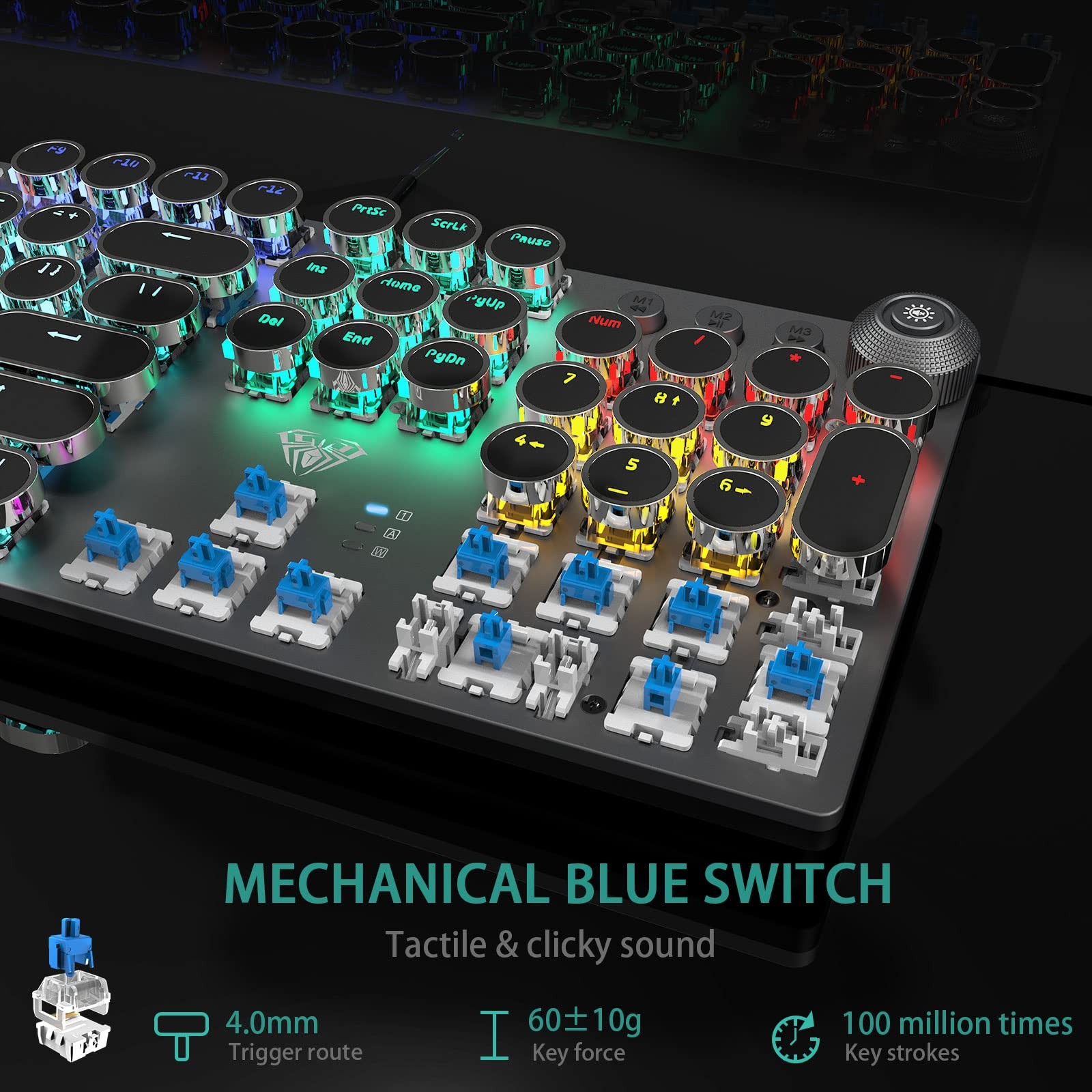 Aula F2088 Typewriter Style Mechanical Gaming Keyboard Blue Switchesrainbow Led