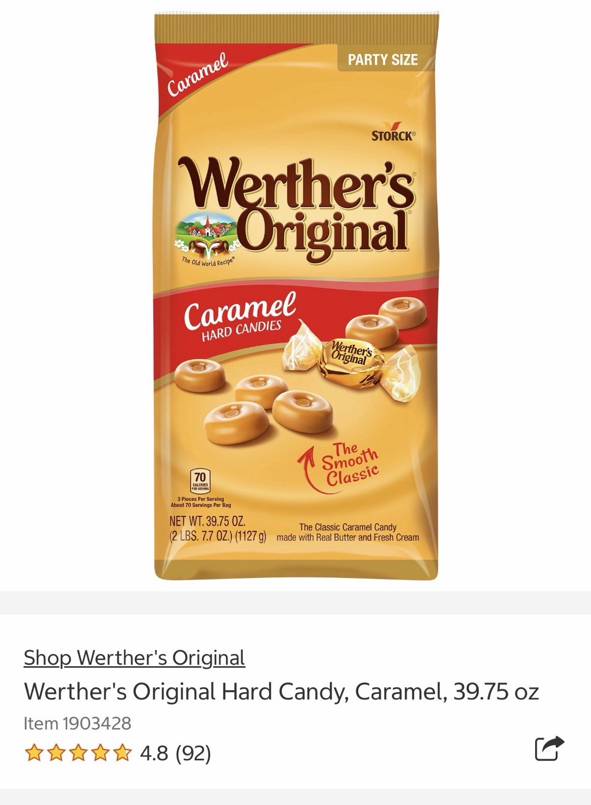 Werther'S Original Hard Candy, Caramel, 39.75 Oz Individually Wrapped Pcs