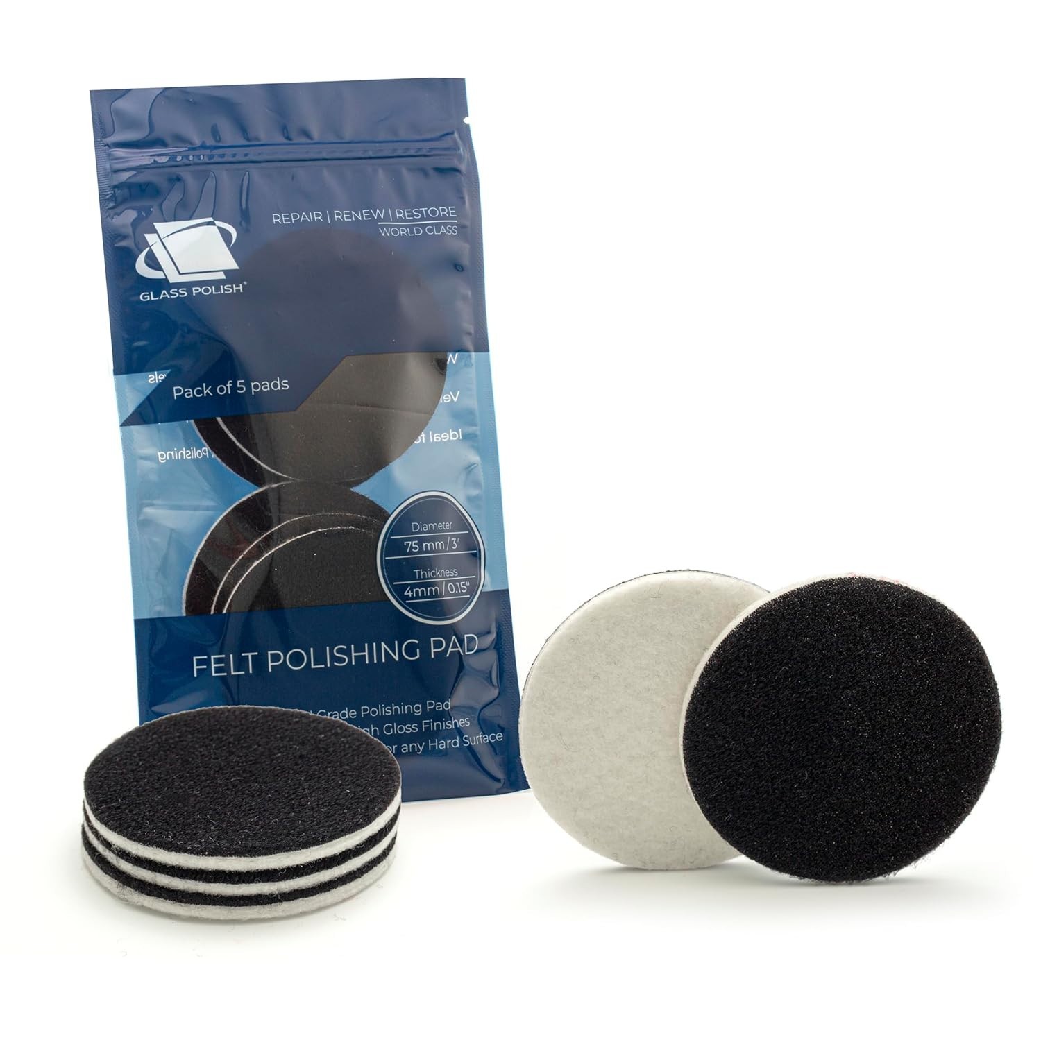 Glass Polish 3 inch (75mm) Pack of 5 Felt Polishing Pads for Polishing Glass,
