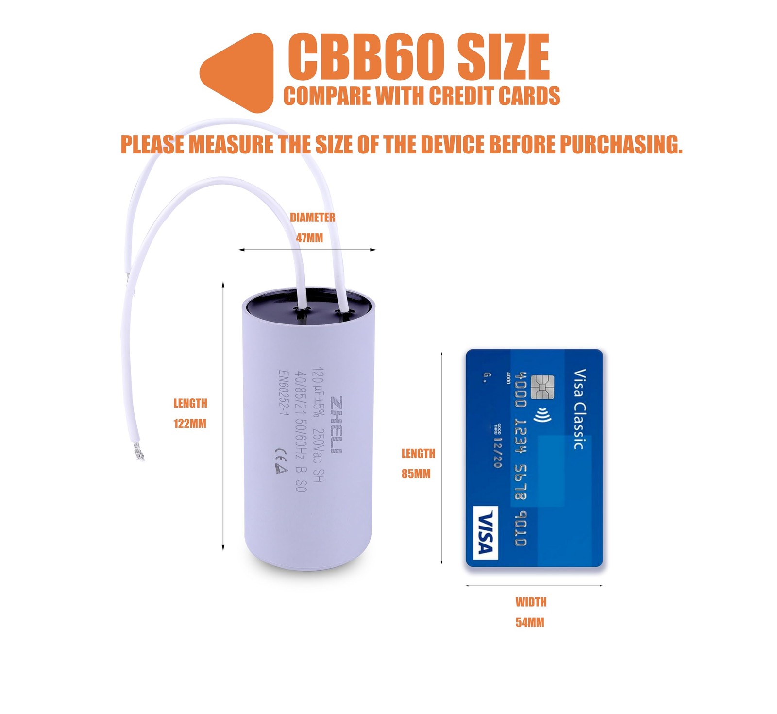 CBB60 Motor Run Capacitor 120uF 5 110/125/250VAC 50/60Hz Cylindrical 125x47mm