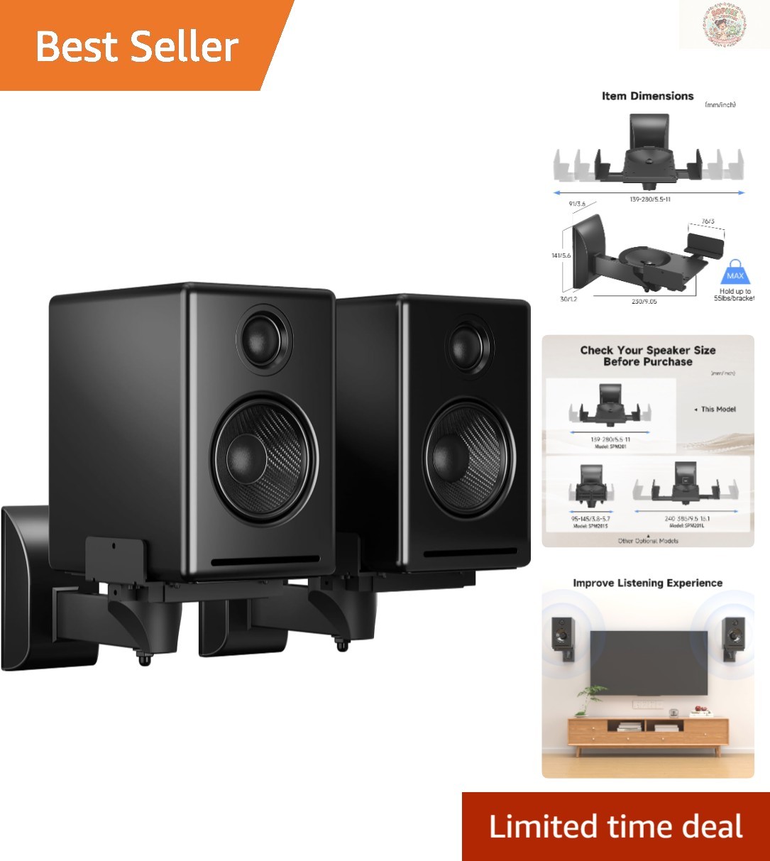 Universal Wall Mount Speaker Bracket - Adjustable Dual Stands, 55lbs Capacity