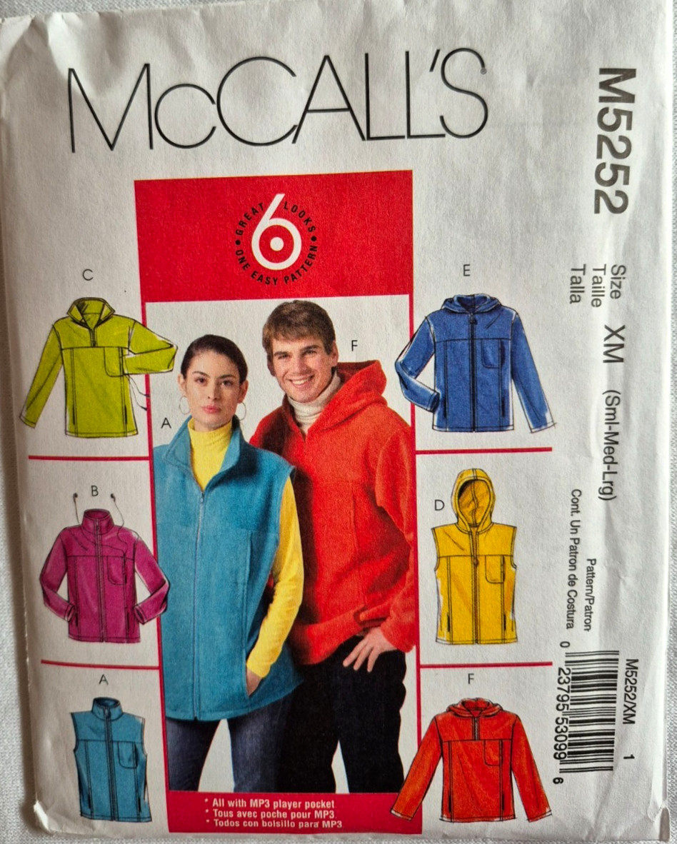 MCCALLS PATTERN 5252 JACKETS VEST  MENS/MISSES SIZES SMALL MEDIUM LARGE UNCUT FF