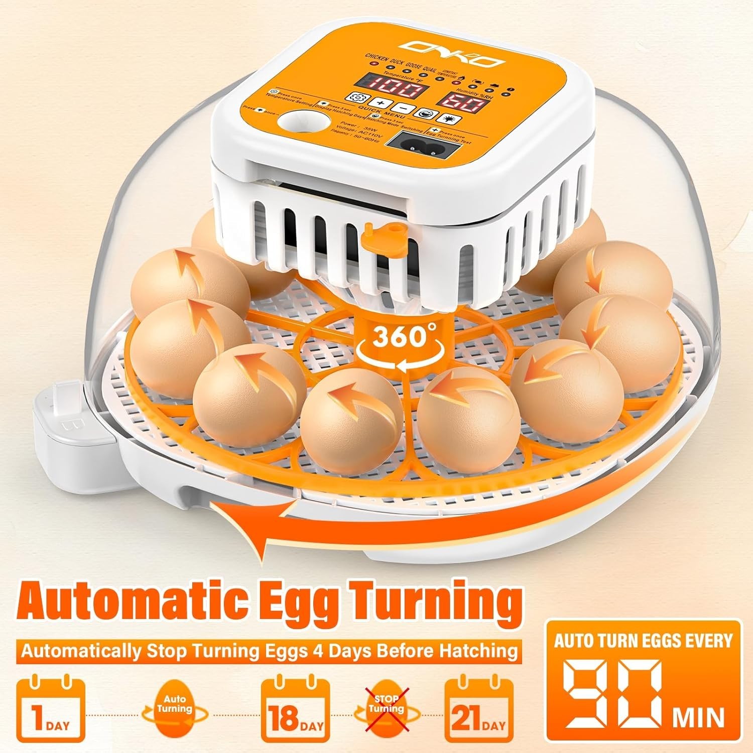 12 Egg Incubator with Automatic Turning, Humidity Control, 360° Clear View