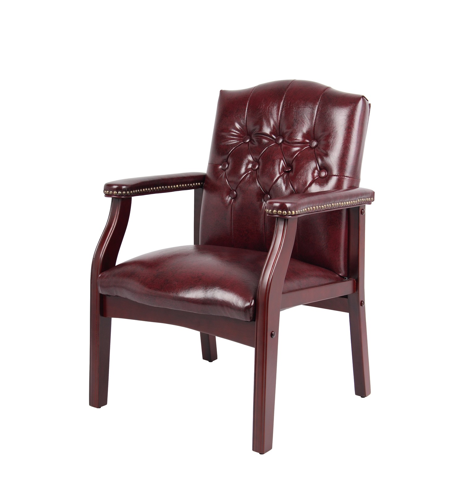 Boss Traditional Oxblood Vinyl guest chair W/ Mahogany Finish MODEL # B959-BY
