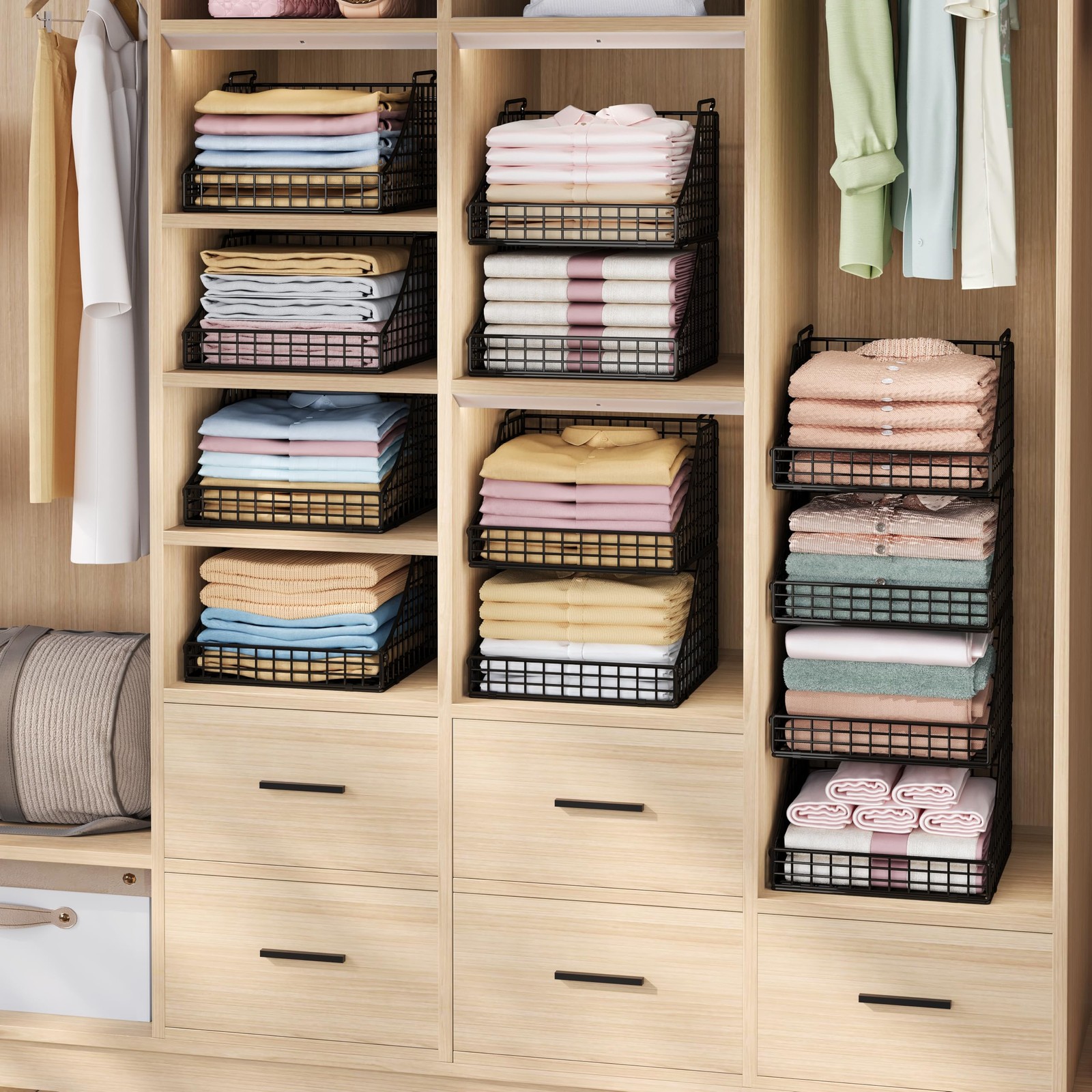 4-Pack Stackable Wire Baskets for Closet Organizers and Storage, Open Storage...