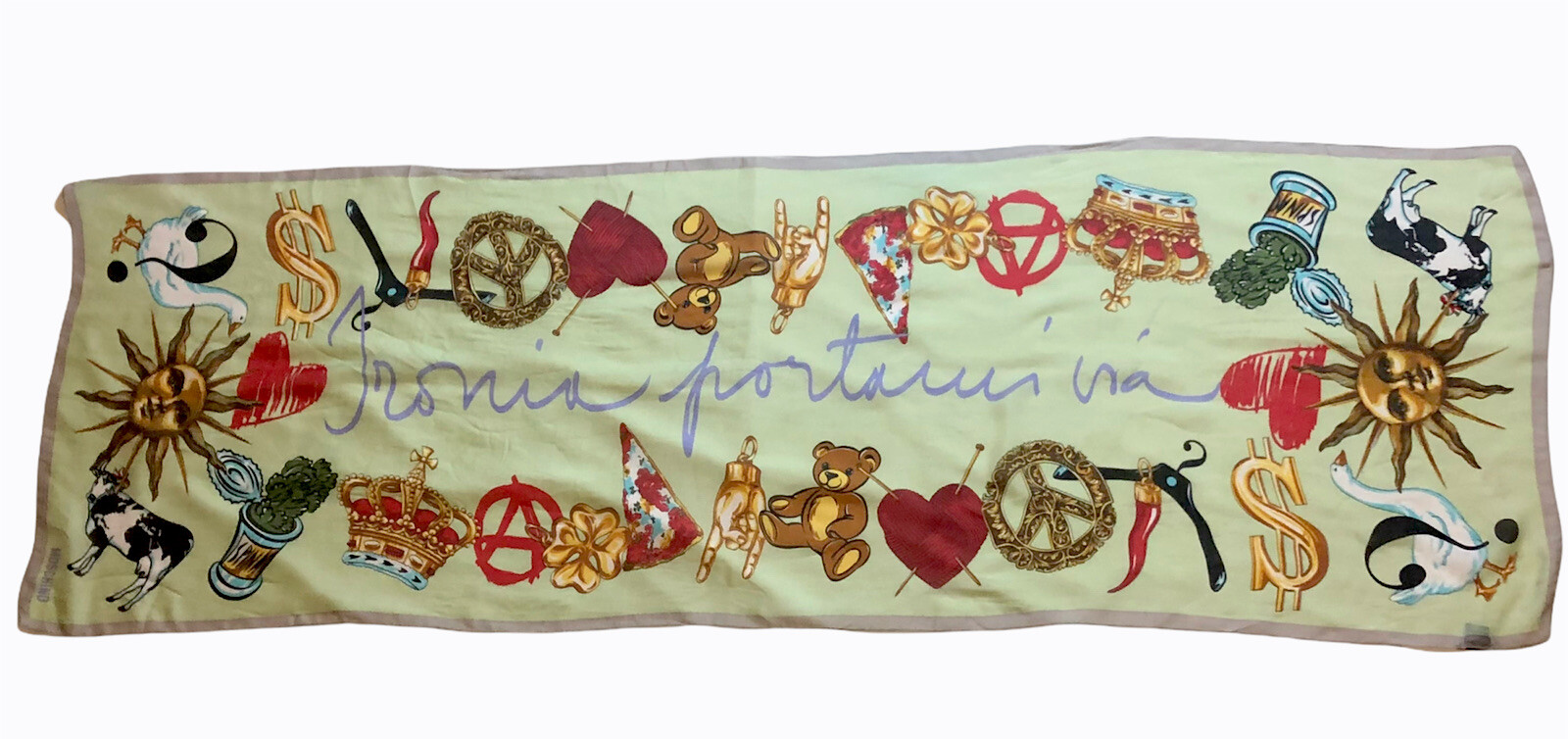 Moschino Larioseta Como Italy Green Oblong Silk Scarf Bear Crown Sun Hearts Cow