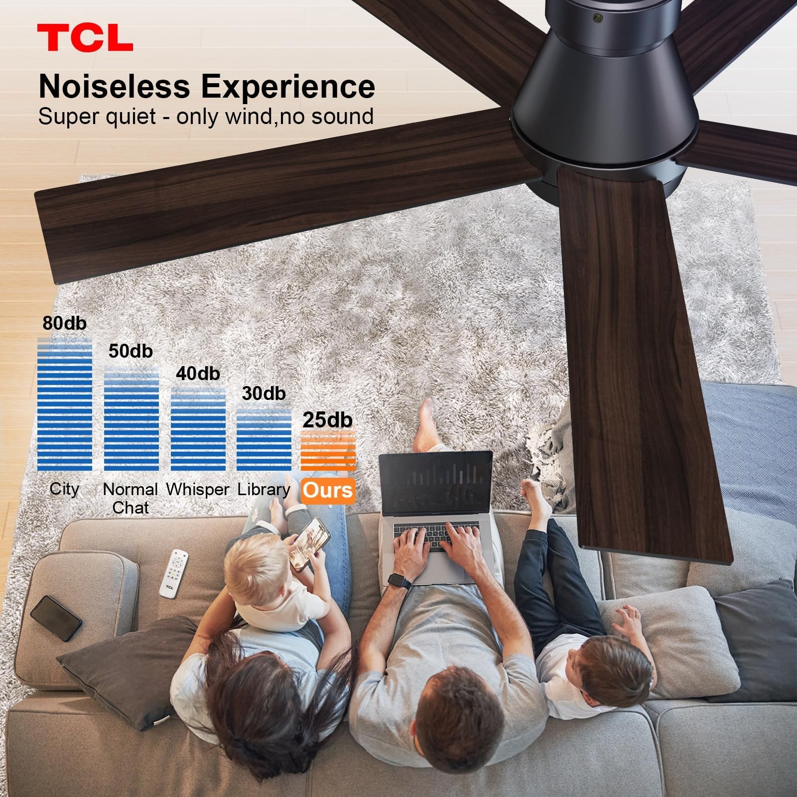 TCL 52" Ceiling Fan with Lights, Black Flush Mount 52 inch,