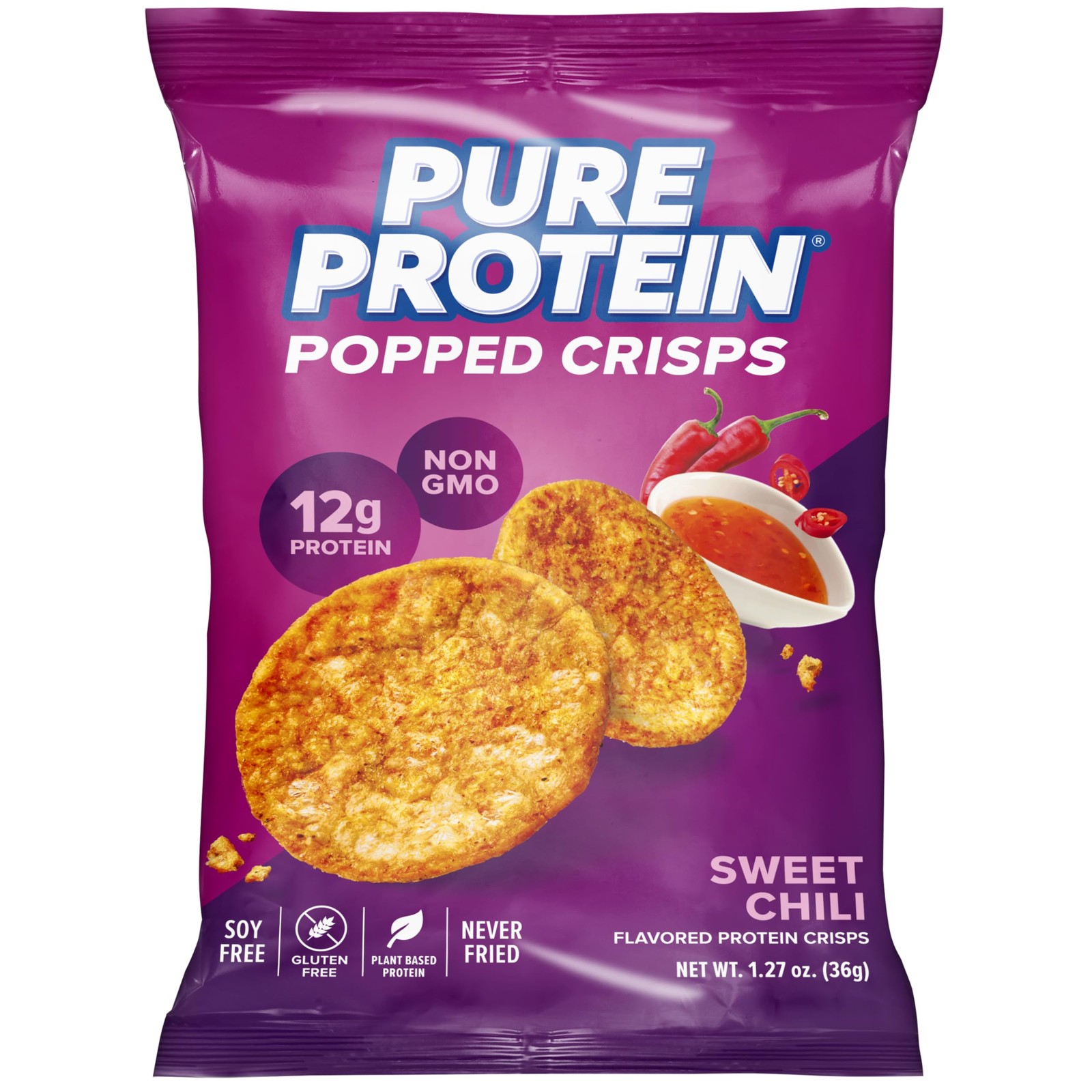 Protein Snacks Pure Popped Crisps Sweet Chili 12G 1.27oz 12Ct powder