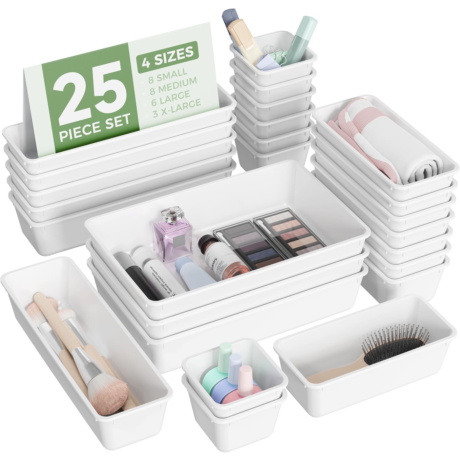 25 PCS Plastic Drawer Organizers Set, 4-Sizes Vanity and Makeup Organizer, De...