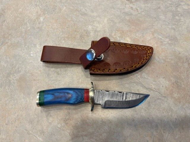 Sweet Mini  Damascus Bowie knife w blue laminate wood handle in leather sheath