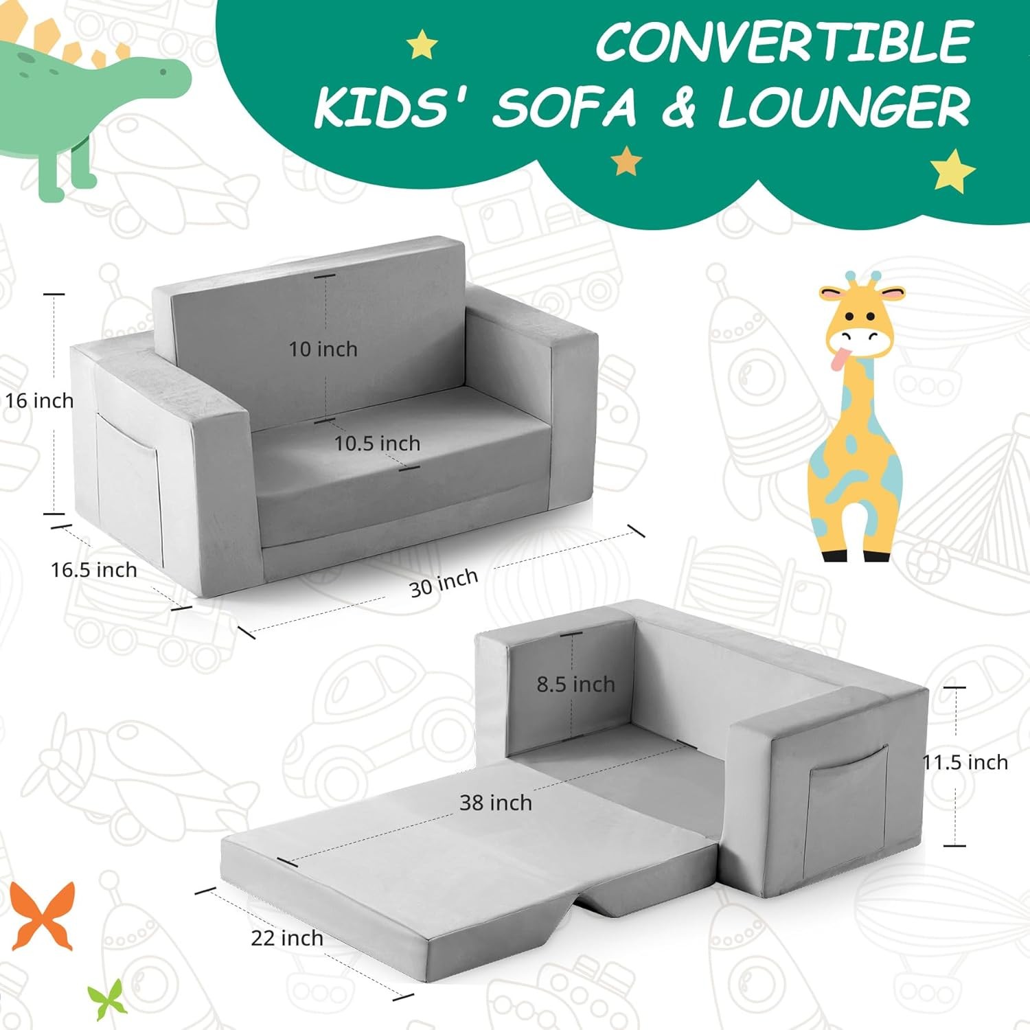 Kids Couch 2-in-1 Toddler Chair Comfy 1-3 Years Convertible Kids Chair Toddler