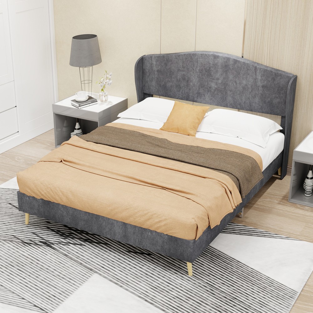 Platform Queen Bed Frame with Velvet Tufted Headboard, Supportive, Beige