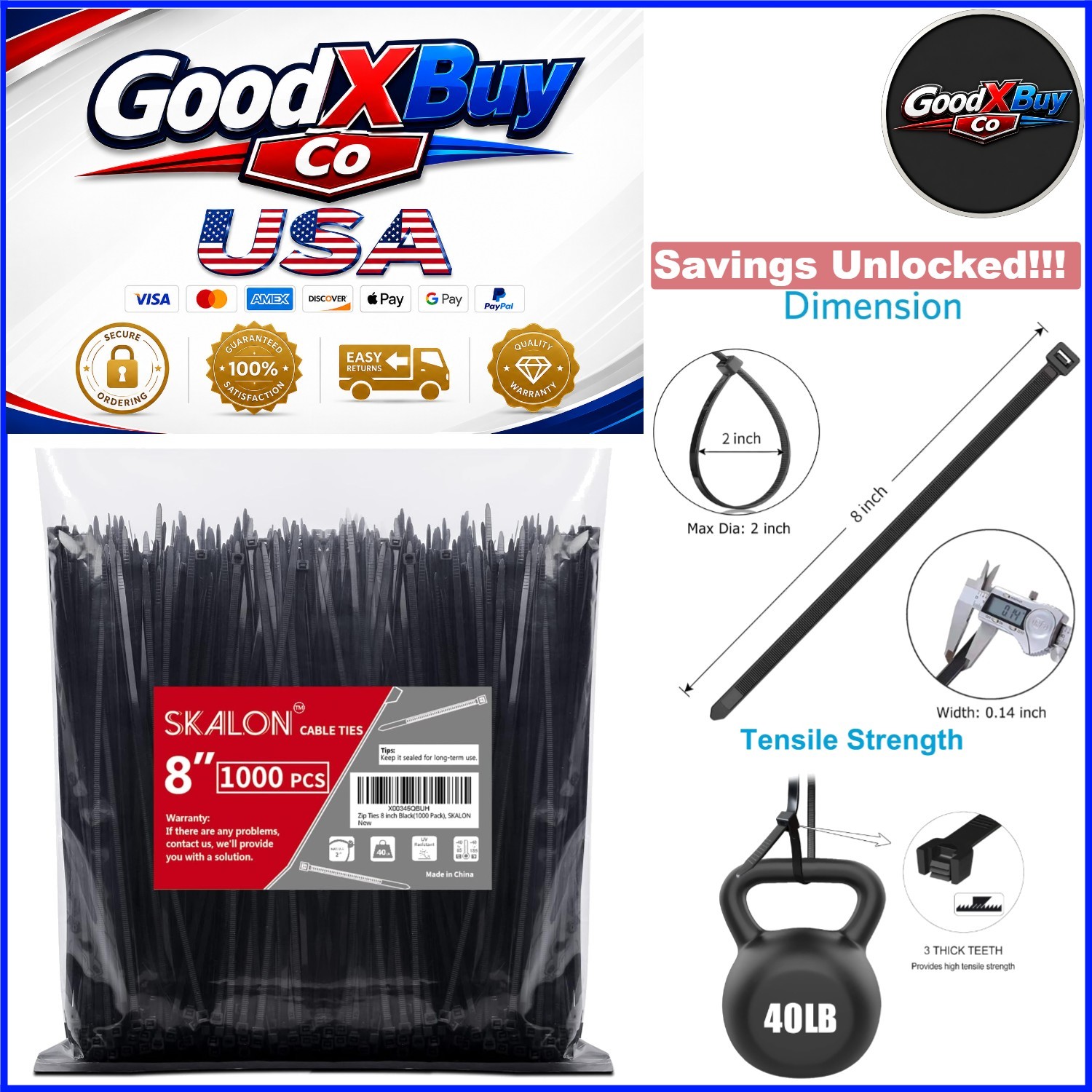 Black Zip Ties 8 Inch 1000 Pack UV Resistant Nylon 40lb Tensile Indoor Outdoor