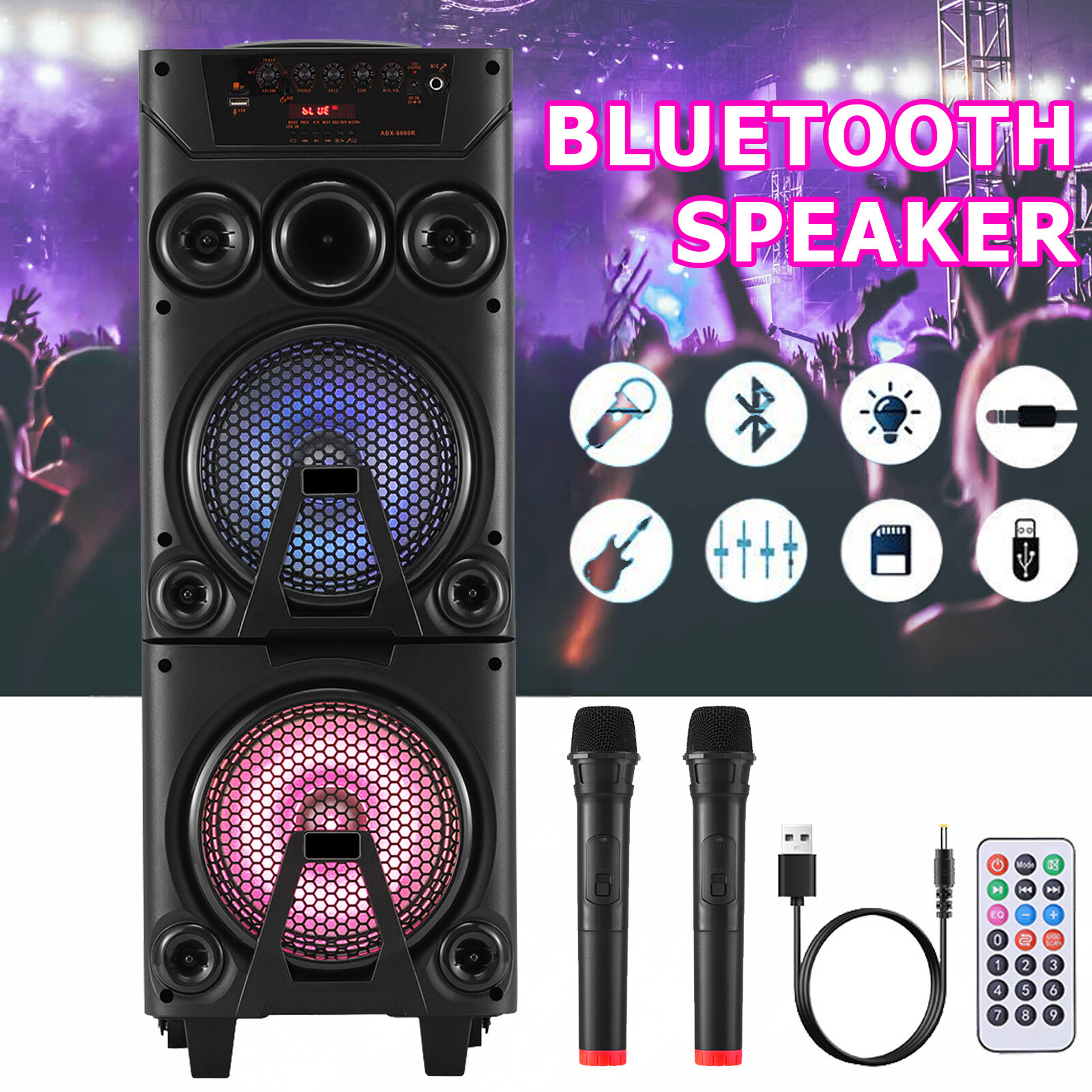 Portable Party Speaker Bluetooth 600W Big Rechargeable Outdoor DJ System w 2 Mic