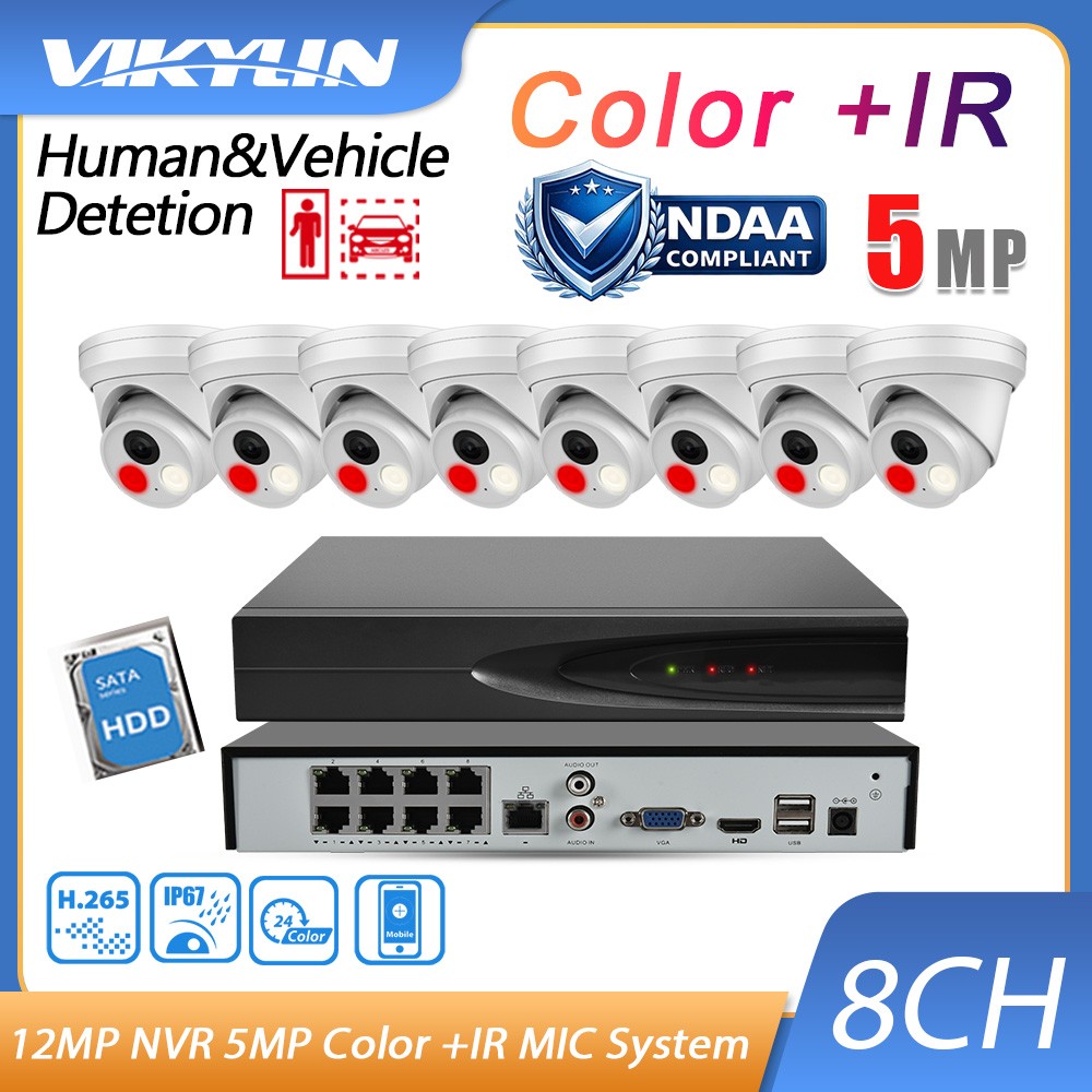 Vikylin 8CH 8POE NVR 5MP Full Color+IR POE IP Camera MIC Security System Kit Lot