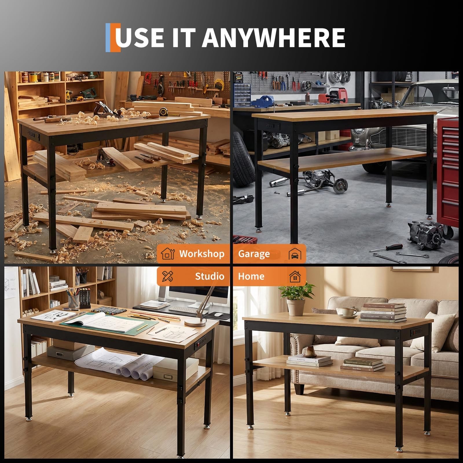48" Adjustable Workbench with Storage Shelf & Power Outlet, 2500 LBS Heavy-Duty