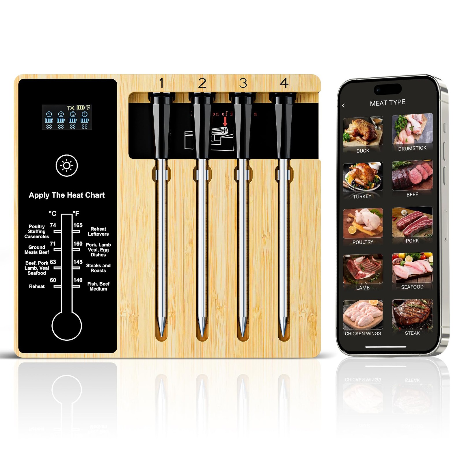 Smart Wireless Meat Thermometer 4 Probes, Bluetooth Food Thermometer, Remote ...