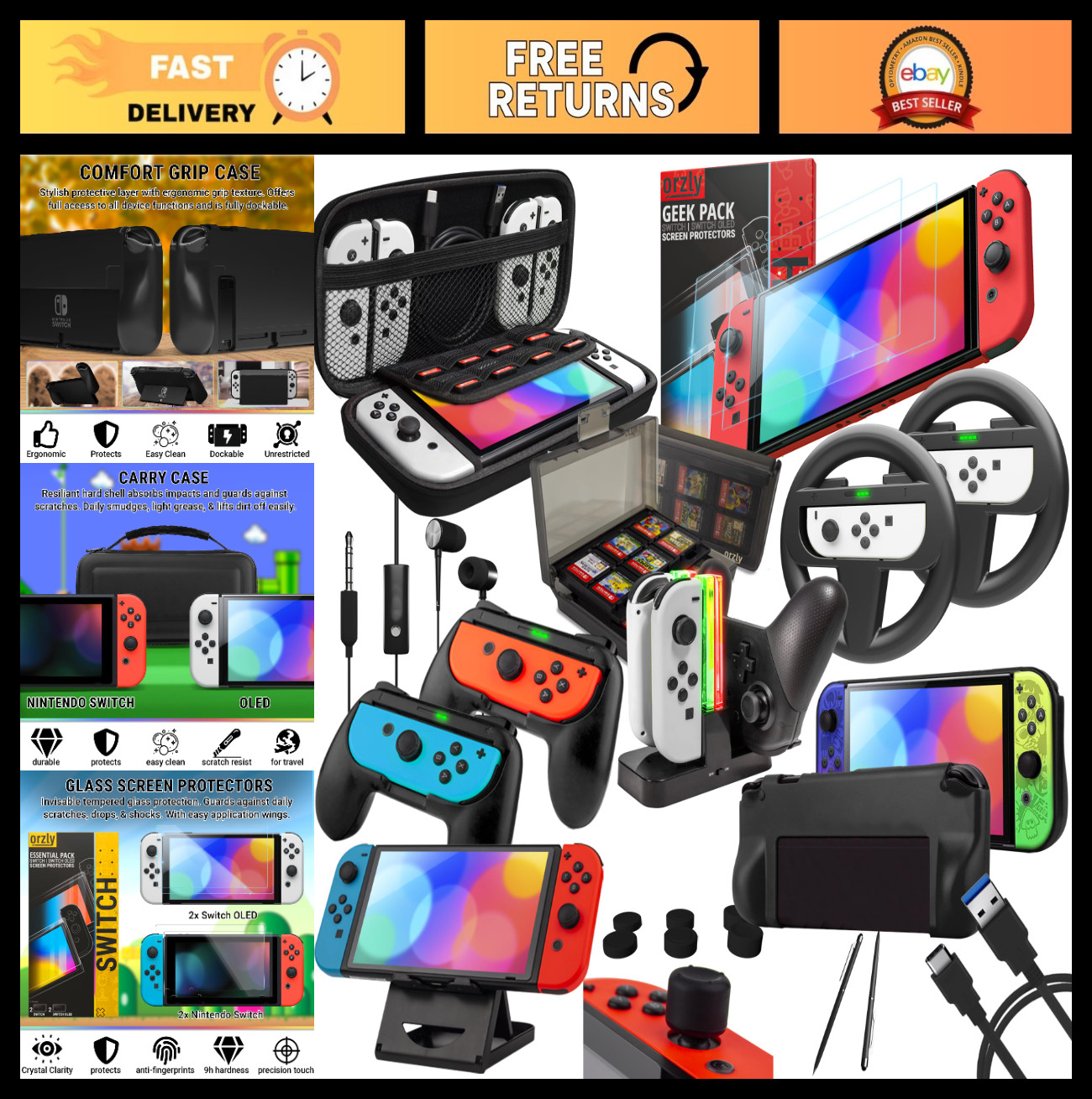 Nintendo Switch Accessory Bundle Kit - Case, Screen Protector, Joy-Con Grips & W